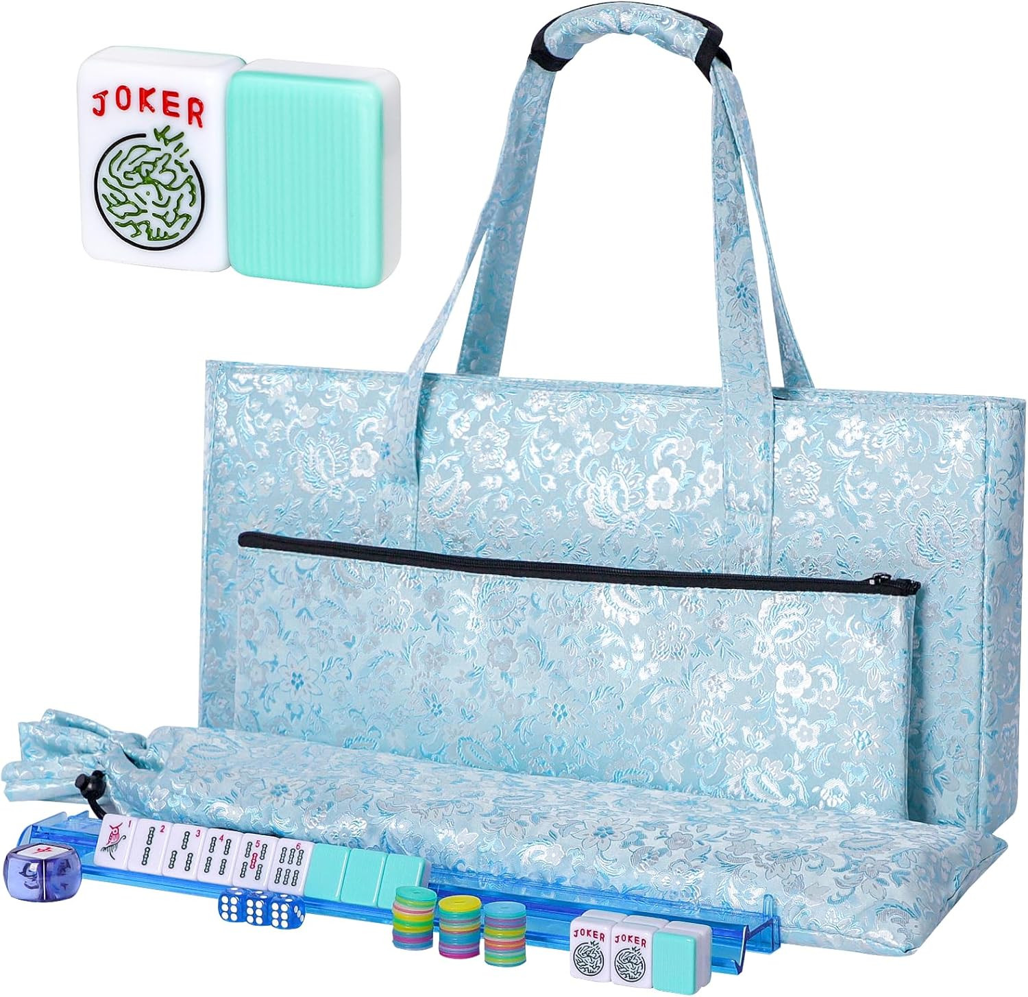 American Mahjong Game Set, 166 Light Green Tiles, Blue Bag with Entire Accessori