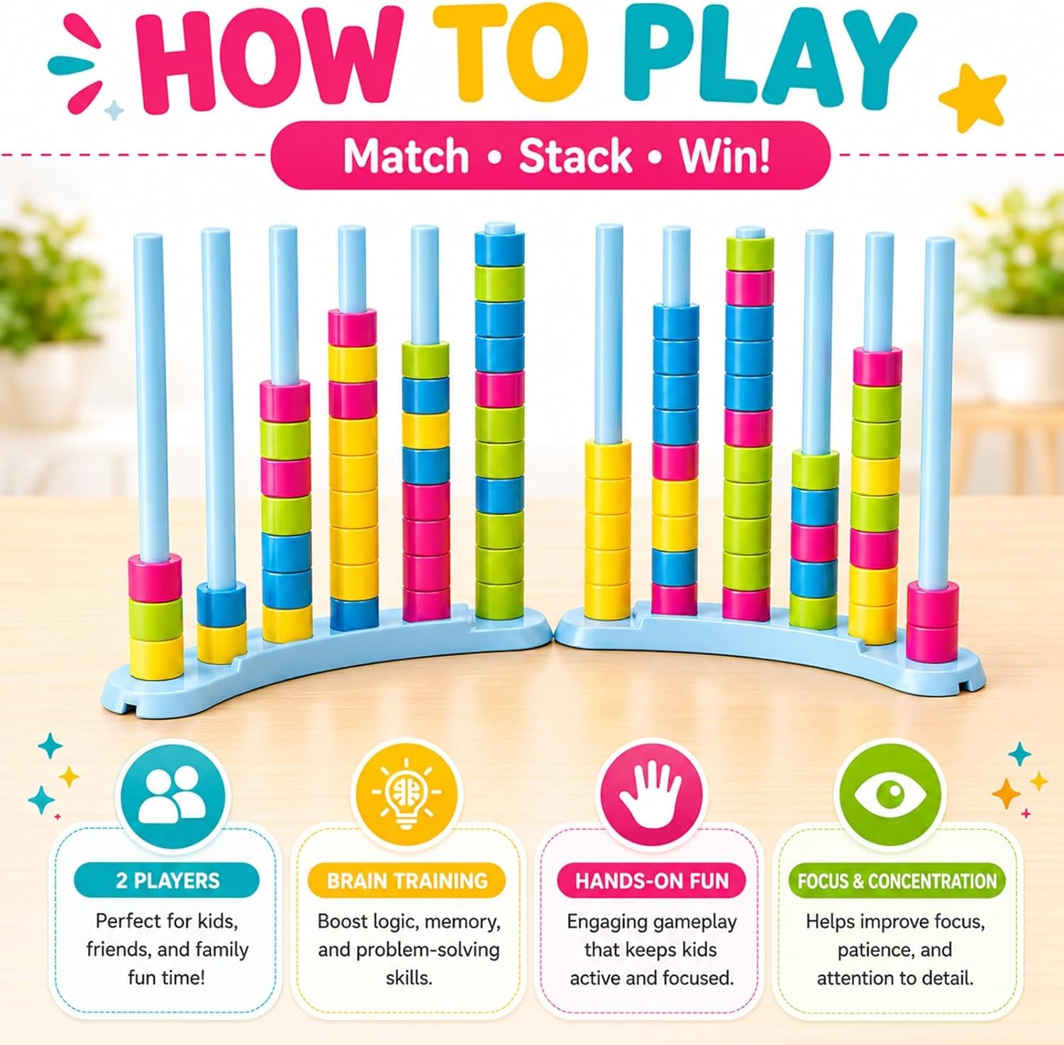 2 Pack Color Stack Challenge Game – Stacking Board Game Set with 2-4 Players Kid