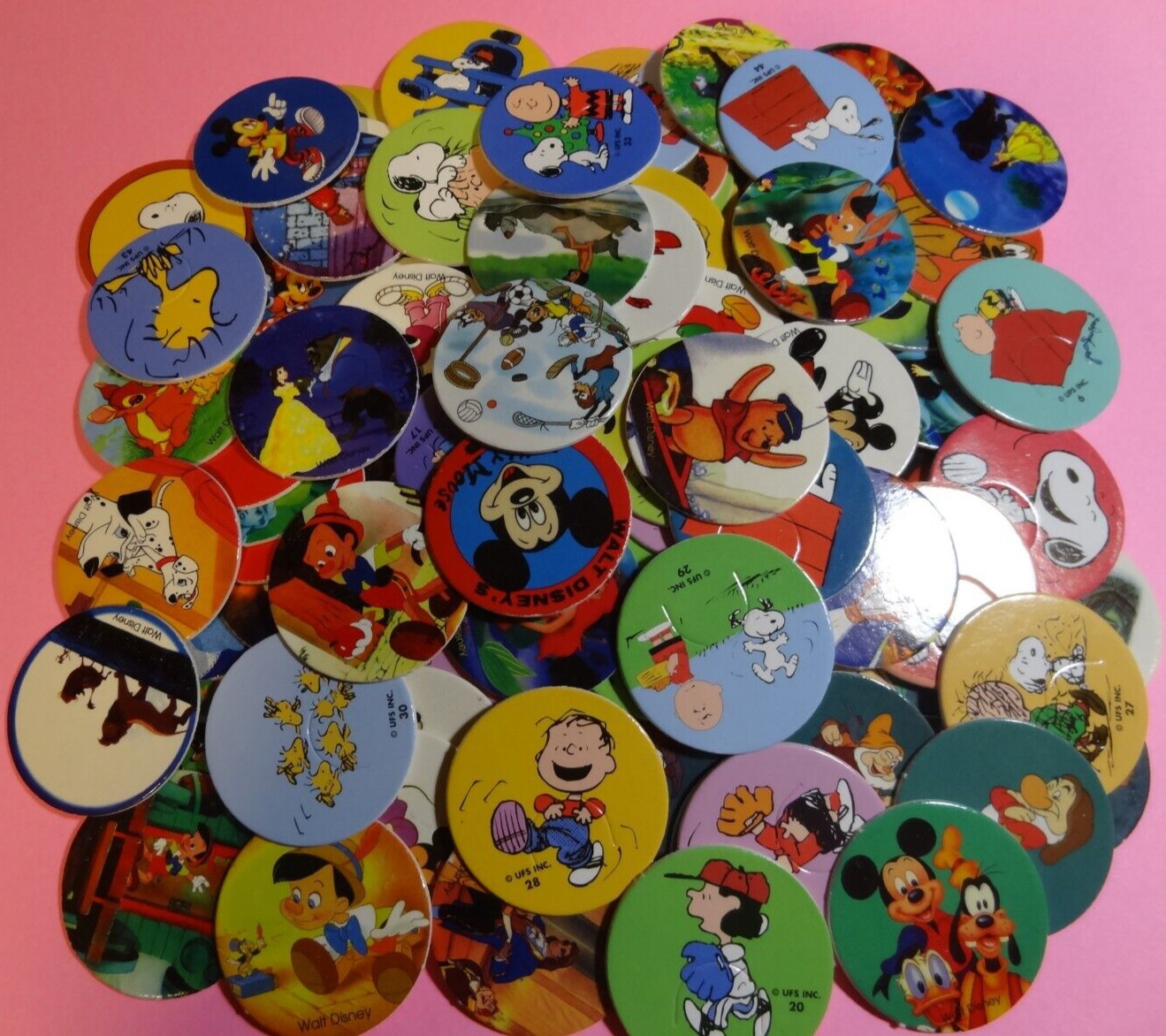 POGS * 100 Disney Characters & Snoopy Variety * 5 Misc Slammers * Plastic/Metal