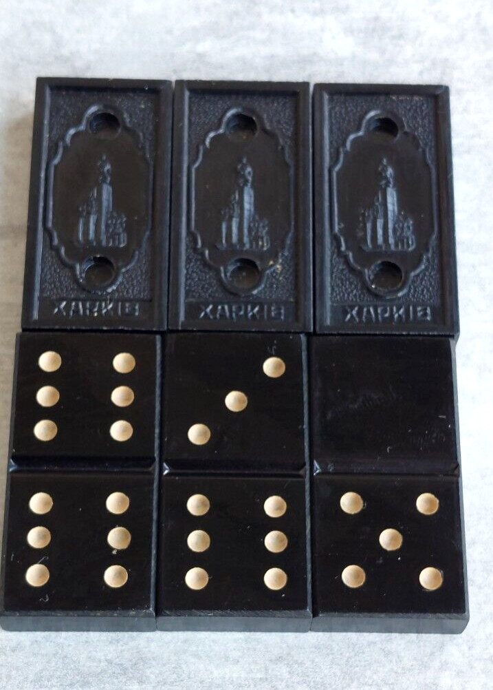 1960’s USSR Soviet Ukraine Dominoes KHARKIV in Bakelite Original Box 16+
