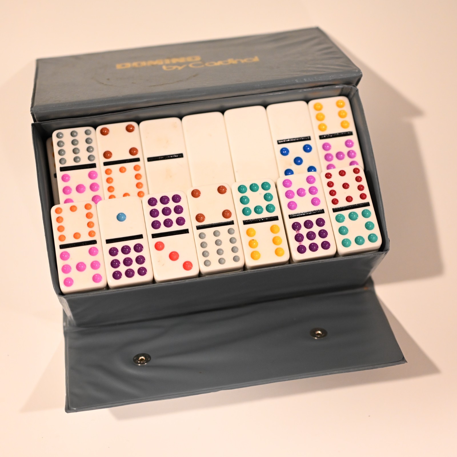 Vintage Double 12 Dominoes Cardianal Complete 91 Pieces Color Dots w/Vinyl Case
