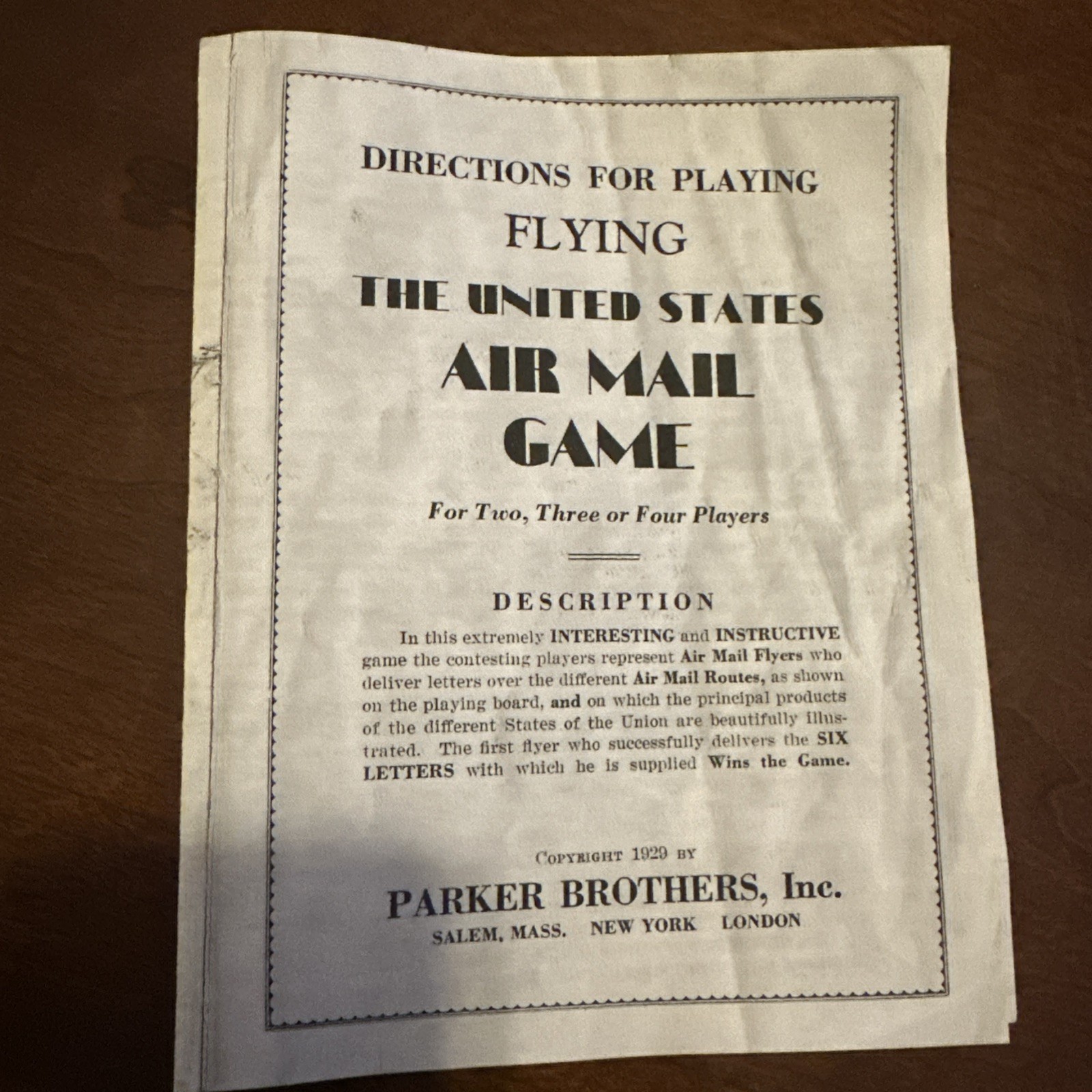 Parker Brothers Flying The United States Air Mail Game 1924 Vintage Rare