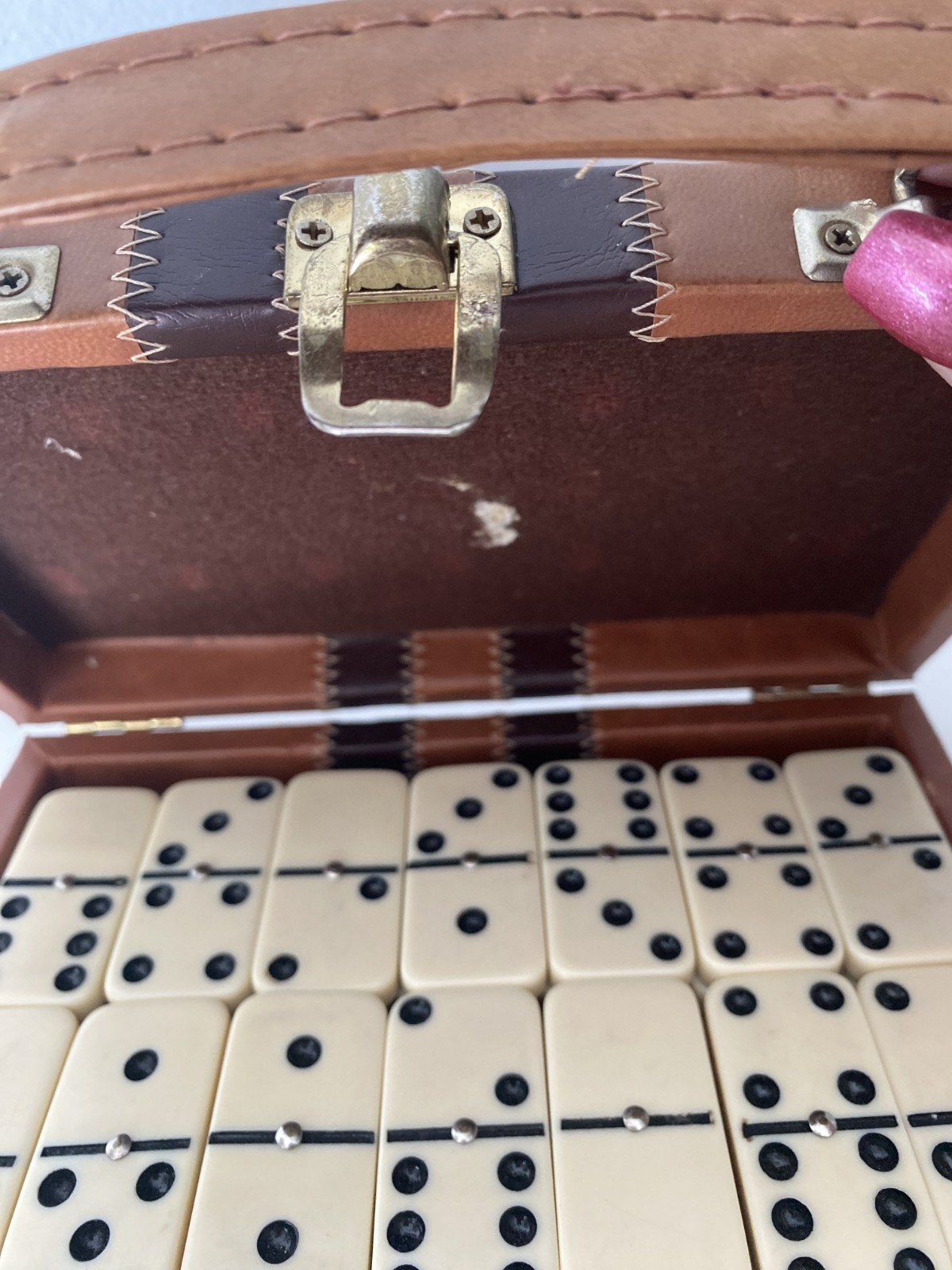 VTG Double-Six Domino Set with Metal Spinners in Brown Faux-Case