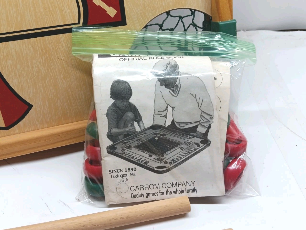 Vintage Carrom Double Sided Board With Pool Cues & Accessories