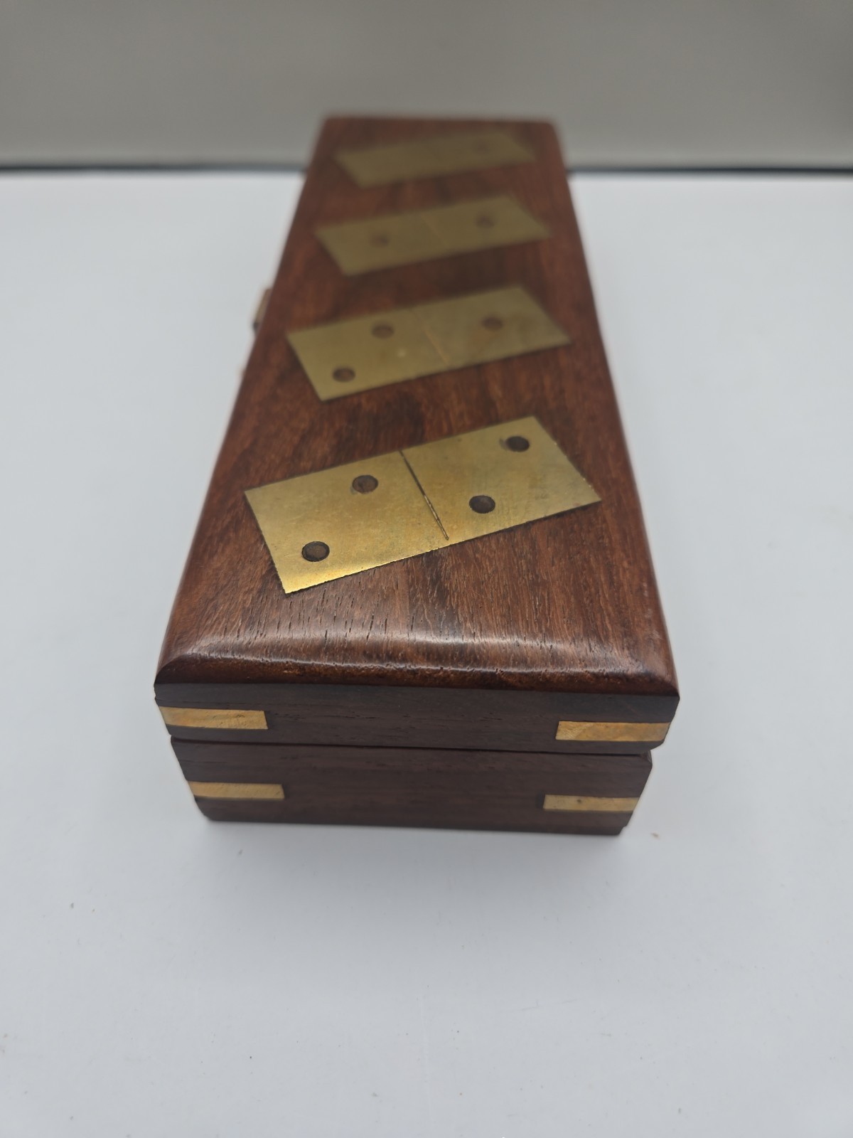 Double Six Wood Dominoes Set w Brass Inlays in Wooden Case With Latch Rare!