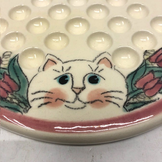 Vintage Ceramic Solitaire Marble Board Game Hand Painted Cat & Flowers Design