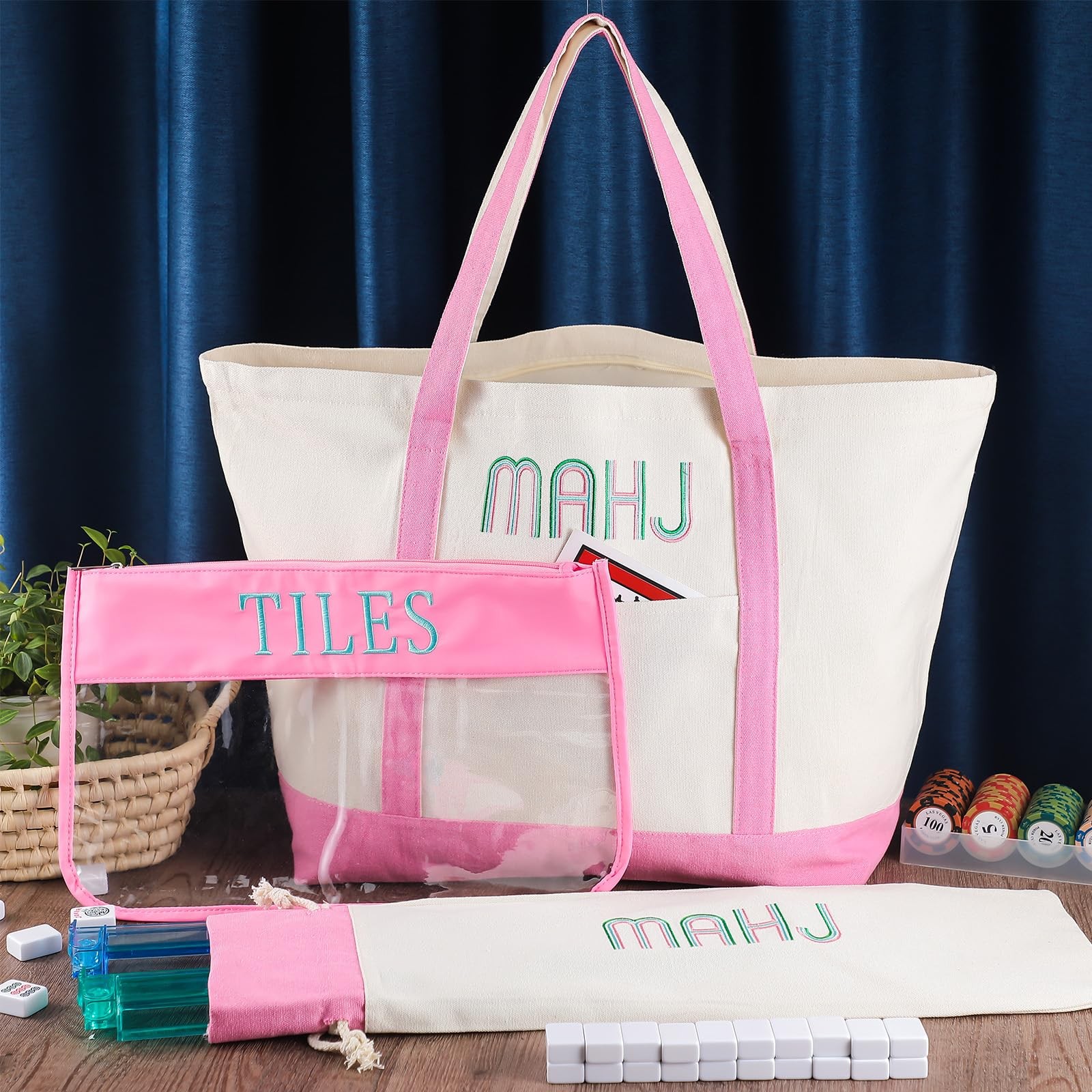 Sunnymove 3 Pcs Empty Mahjong Canvas Bag Gift Embroidered American Mahjong Set