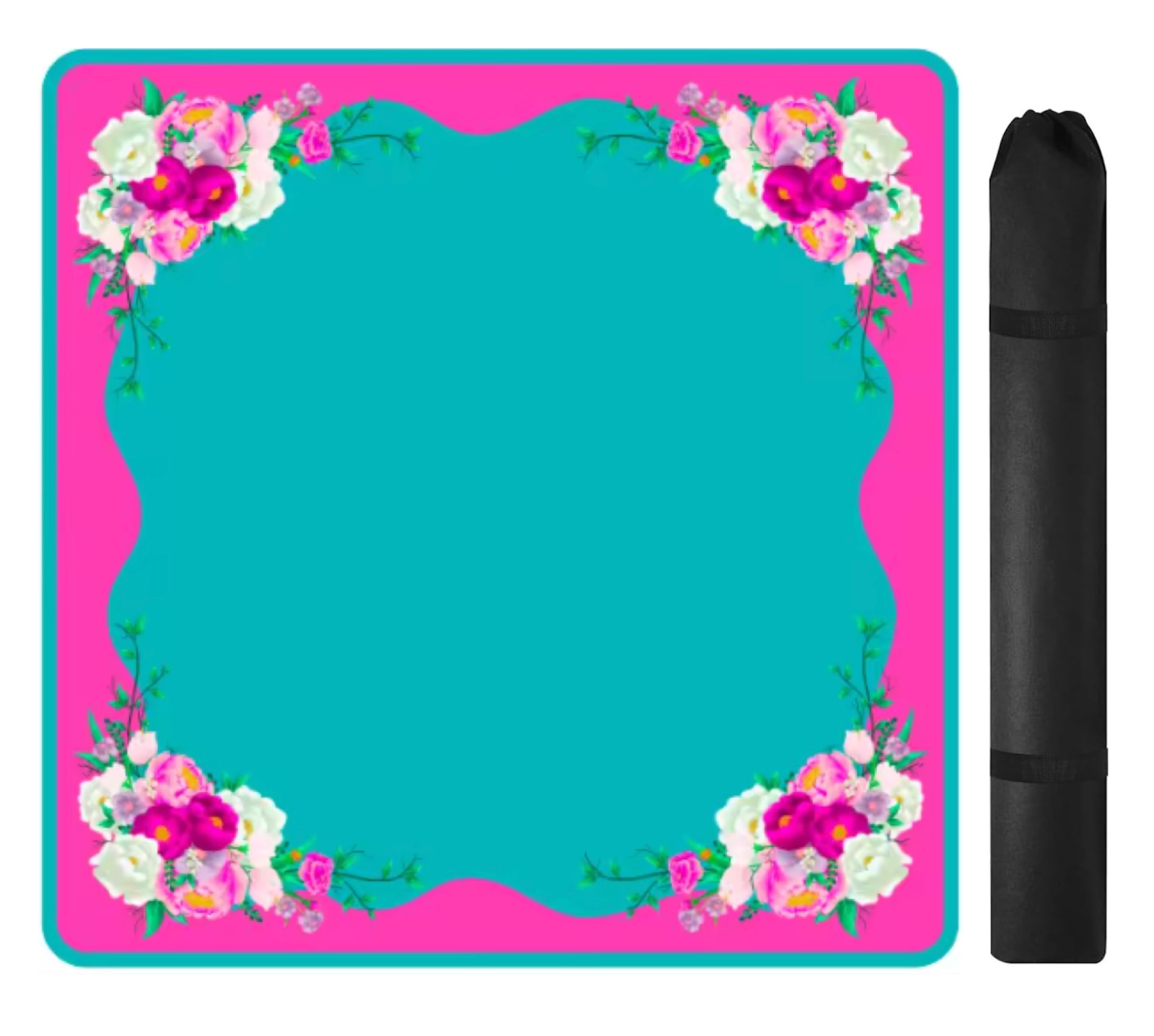 Mahjong Mat Fuchsia Fun Flowers, Pearl Dice,Neoprene Back, Turquoise, Large 31.5