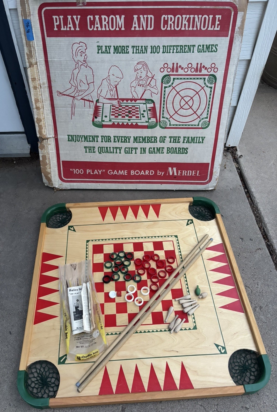 Vintage Merdel Carrom Game Board 100% Complete w/ Original Box, Rules + 46 Parts