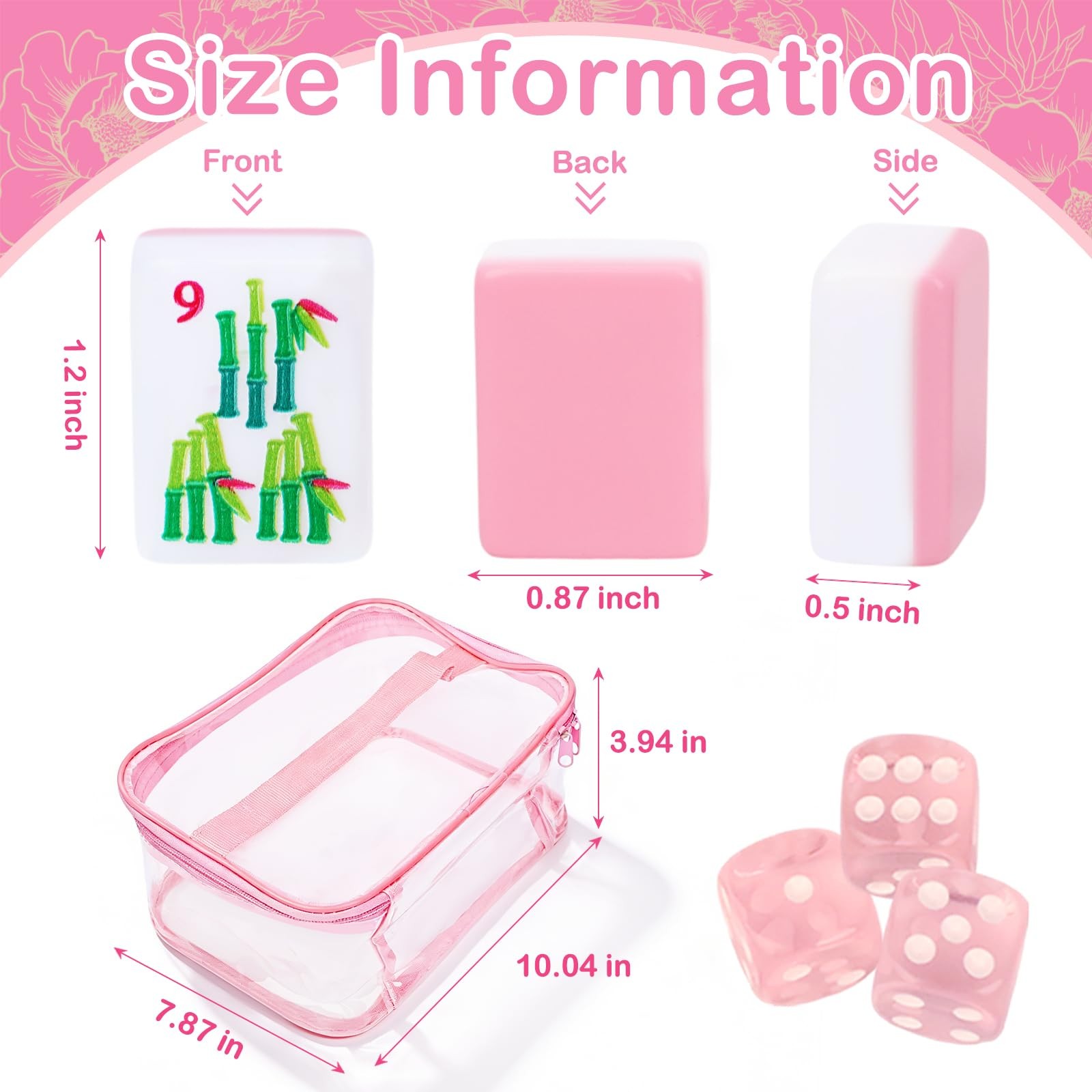 166 American Mahjong Tile Set with Storage Bag & Dice, 1.2″ Pink