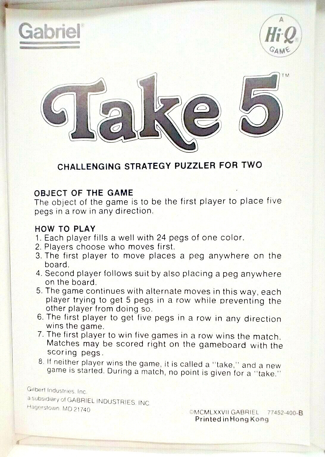 Gabriel Take 5 Strategy Game 2 Players A Hi-Q Game Complete Vintage 1977
