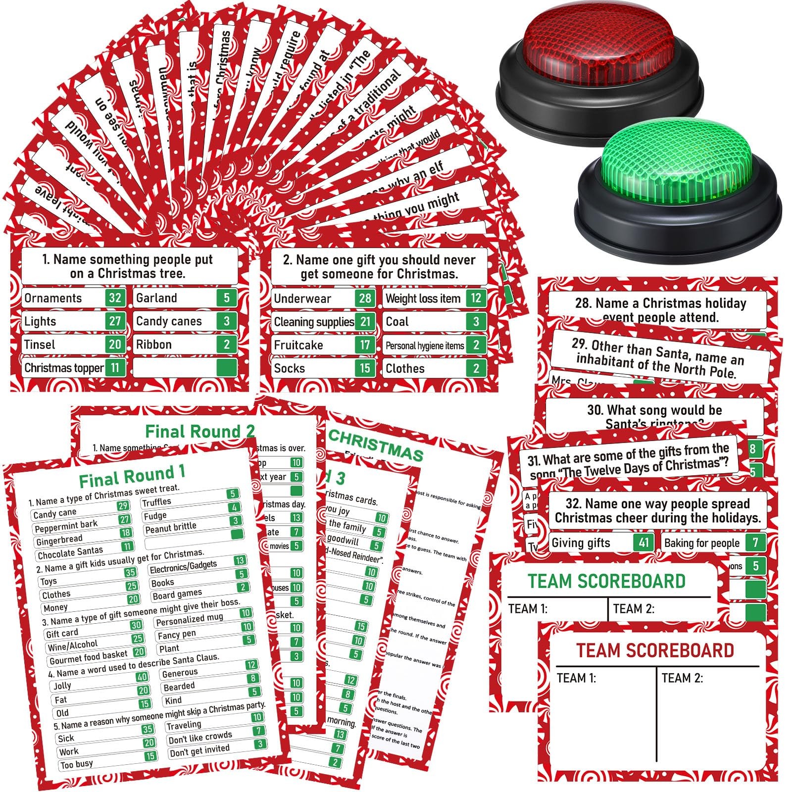 Vinsot 50 Pcs Christmas Friendly Feud Game with Answer Buzzer Christmas Feud