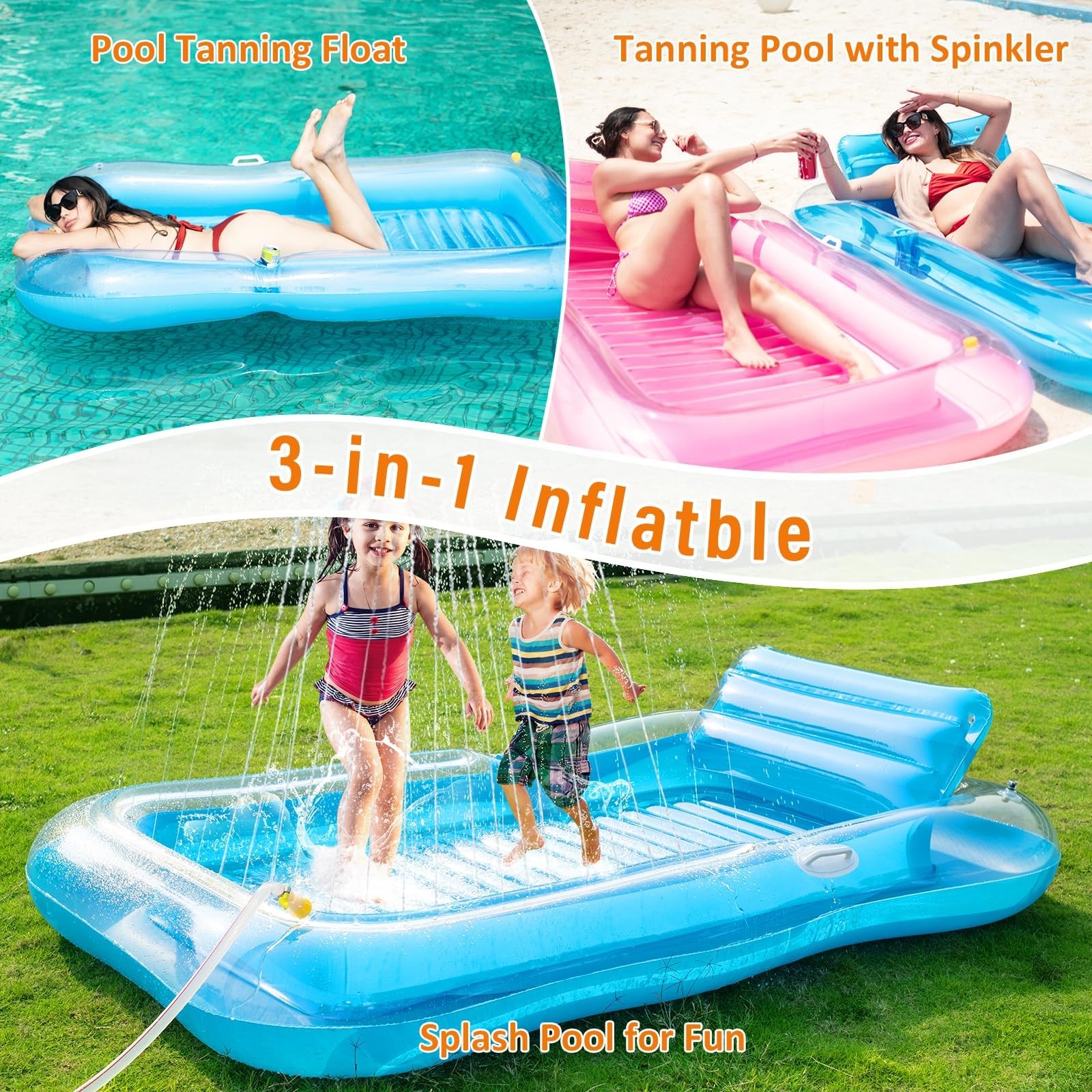 Pool Float 77 x 48 Inflatable Tanning Lounger Sprinkler Pillow Cup Adult Holder