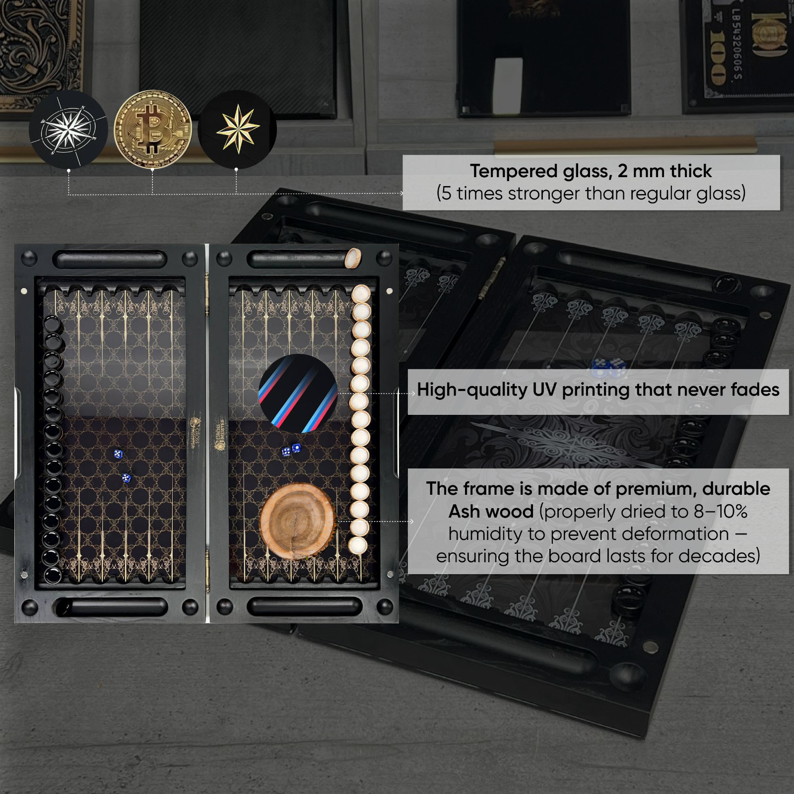Glass & Wood Backgammon Set with Compass Design, Custom Board Game, 20×10 in