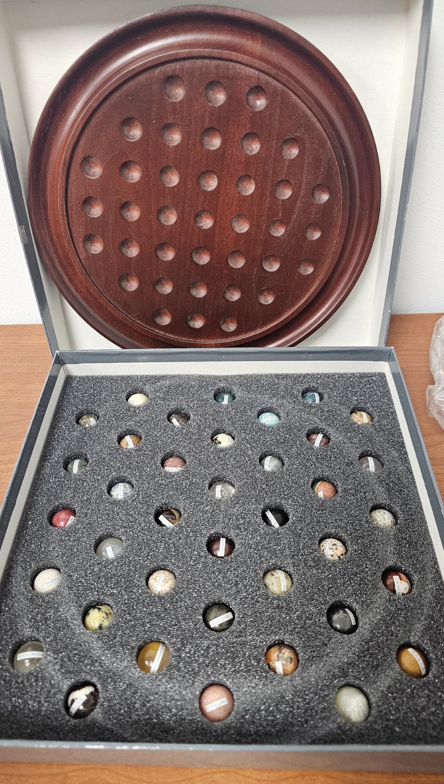 Vintage Boston Museum of Fine Arts Wood Board W/ 38 Precious Stone Marbles Game