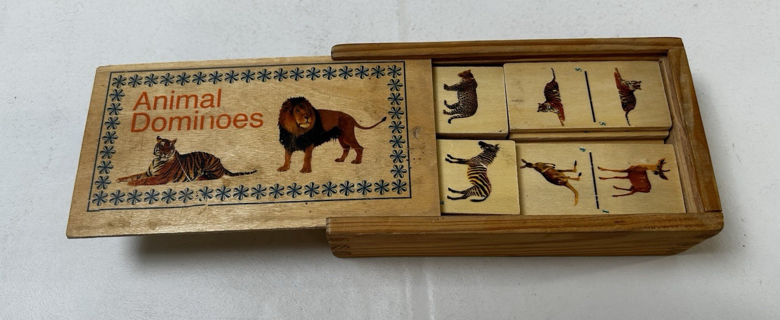 Vintage Wooden African Animal Dominoes 27 Pieces With Wooden Box Case
