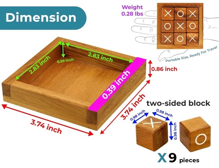 Brand New Wooden Tic Tac Toe Game Travel Size XO Board