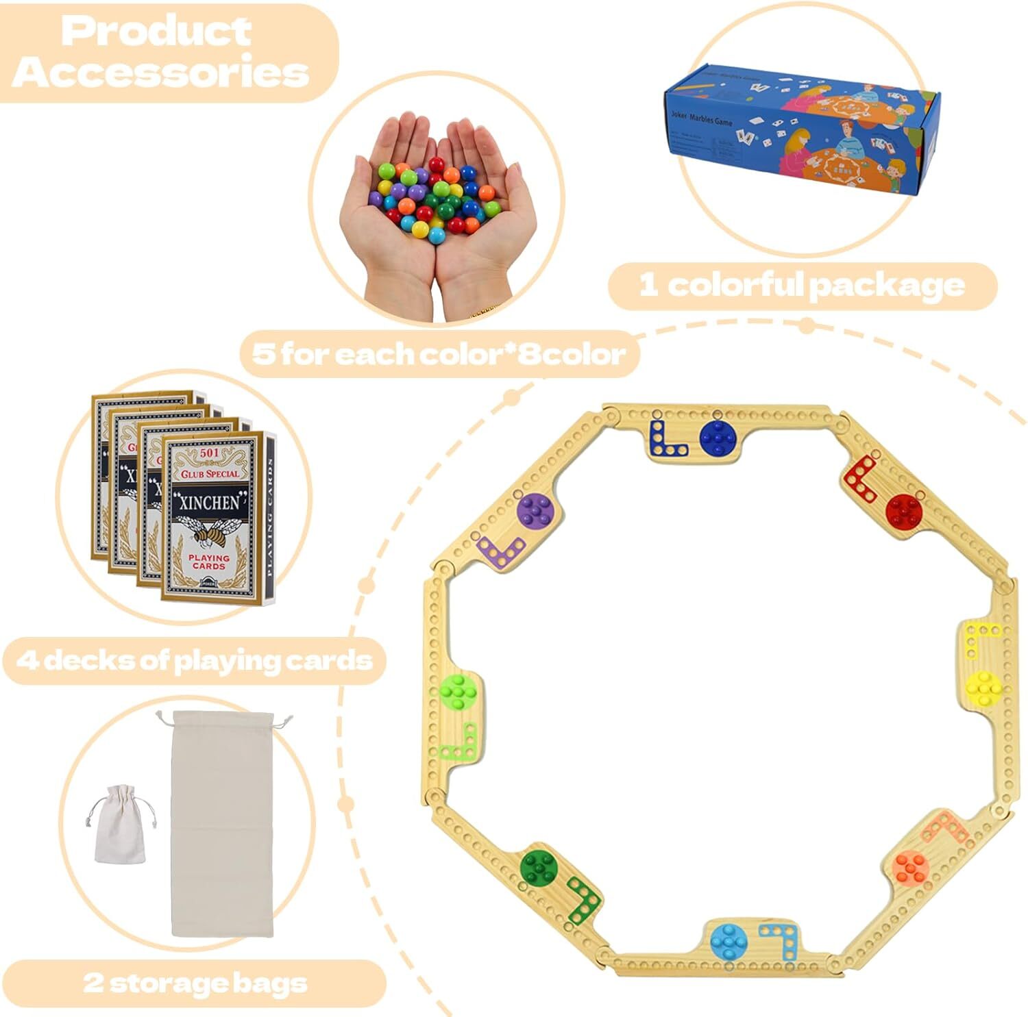 Wooden Jokers and Marbles Game Set 2 to 8 Players Travel Board with Cards