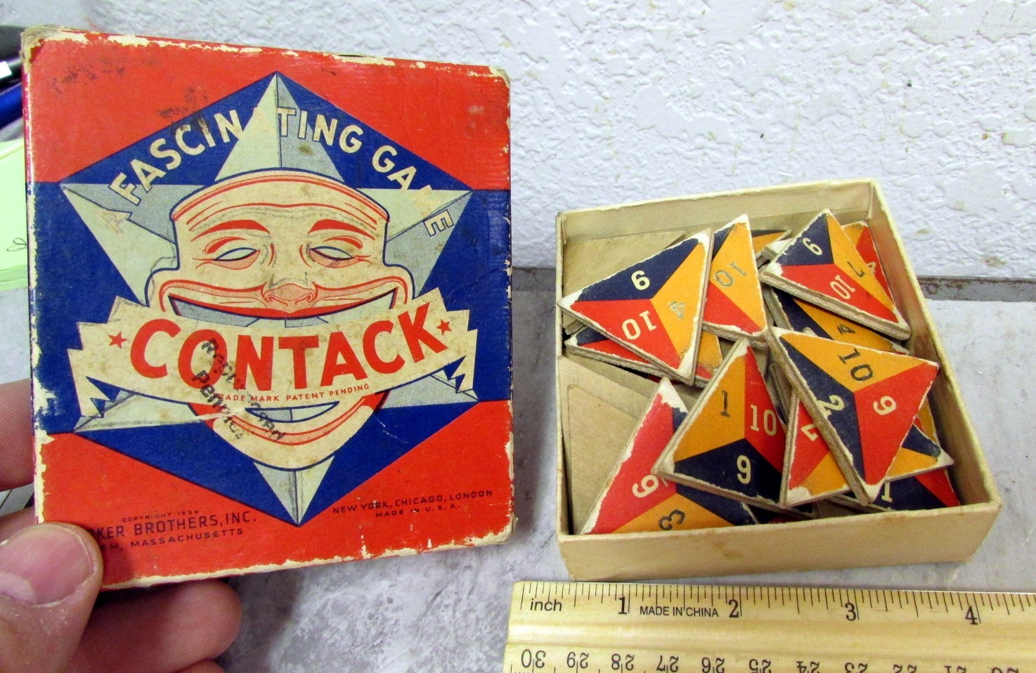 Vintage 1939 fascinating game CONTACK, colorful pieces in box, w instructions