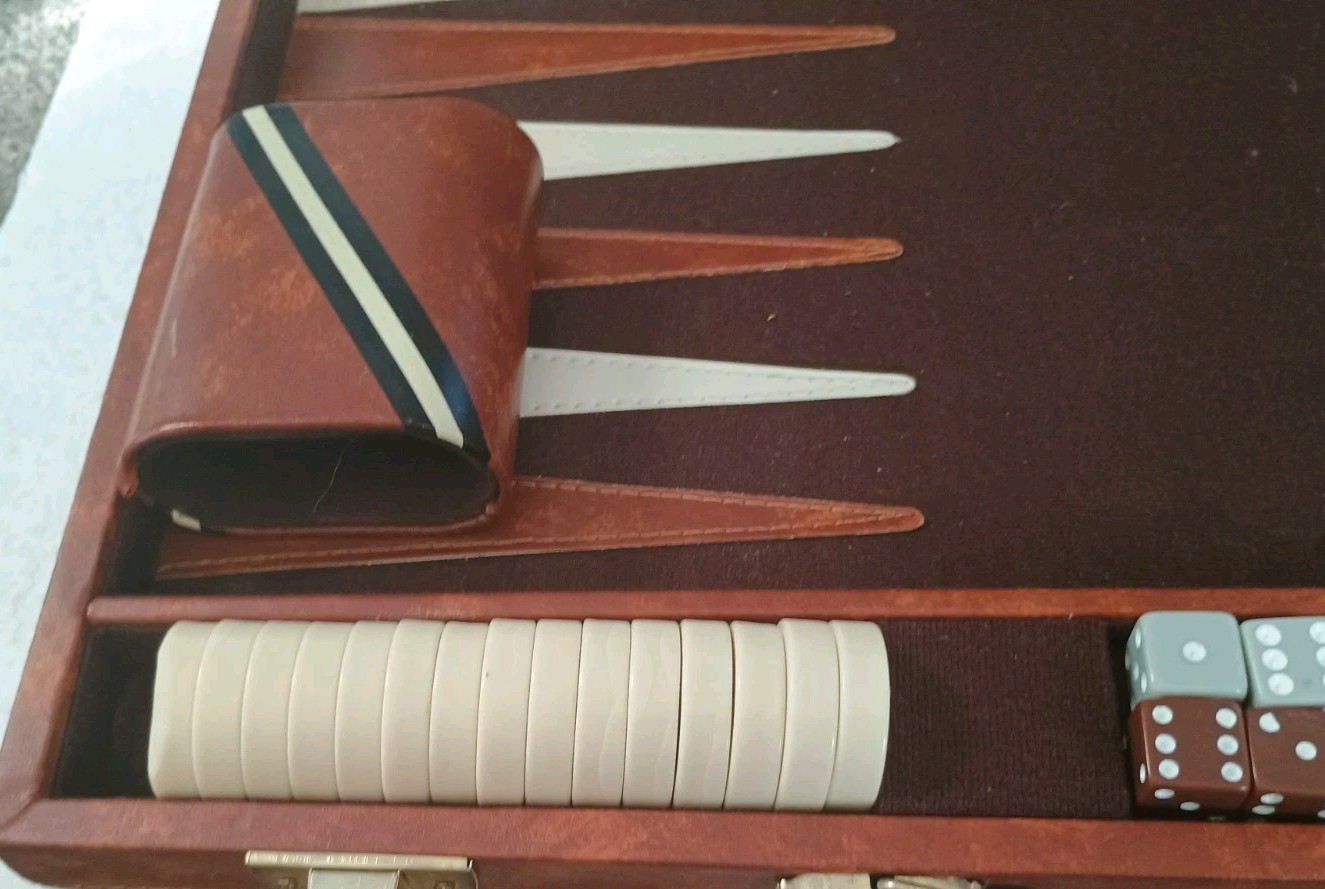VTG 12″x 18″ Backgammon Set Brown Faux Leather Case Complete Some Chip Damage