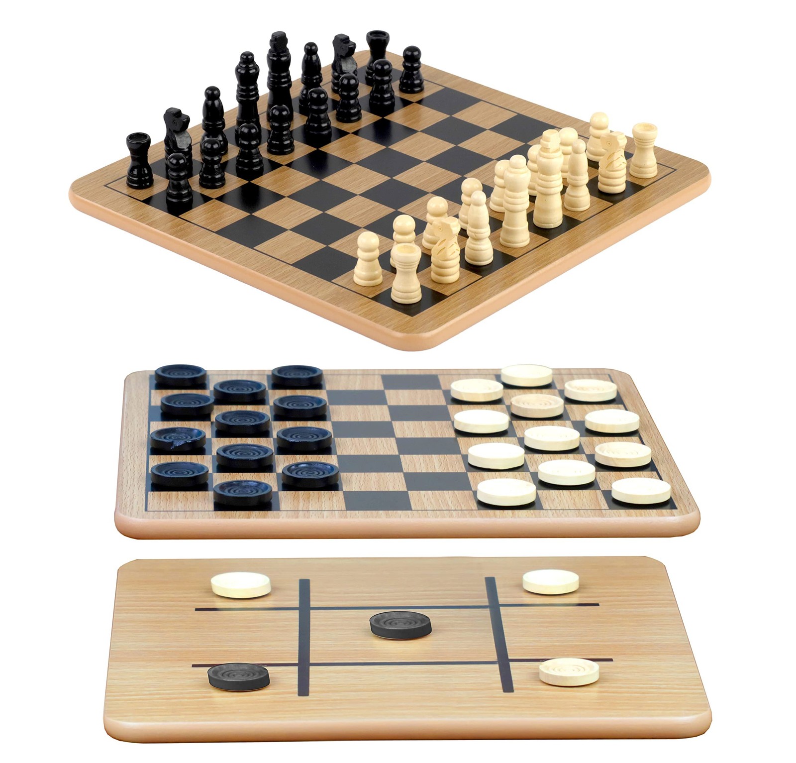 Reversible Wooden Chess Checkers Tic Tac Toe Board Game Set Family Fun