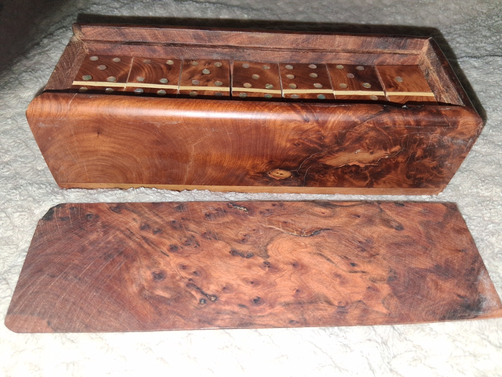 Handmade Burlwood Mother Pearl Wooden Box Set Dominoes Double Six 28 Vintage Set