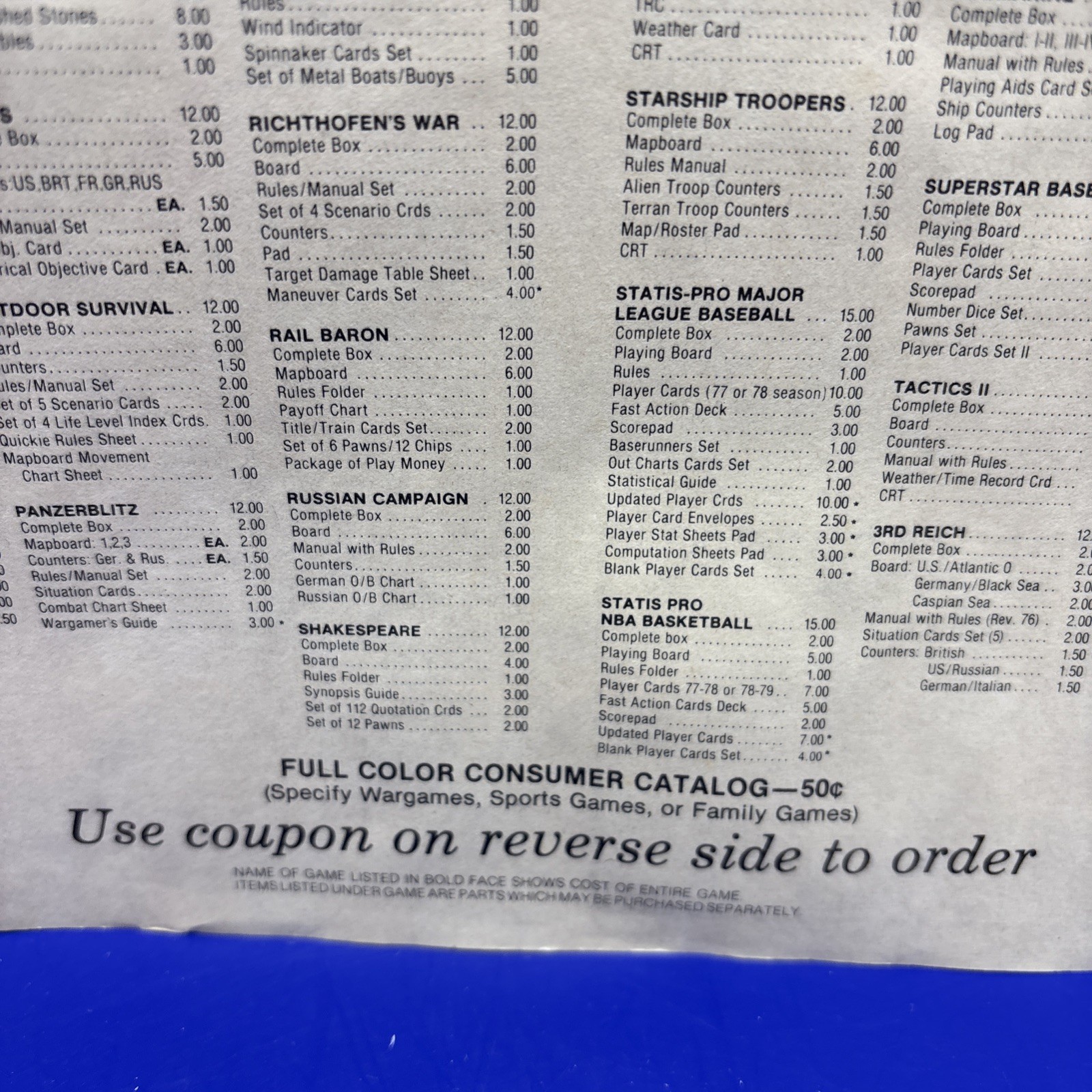 The Avalon Hill Game Company Fall-Xmas 1979 Original Parts List Order Form
