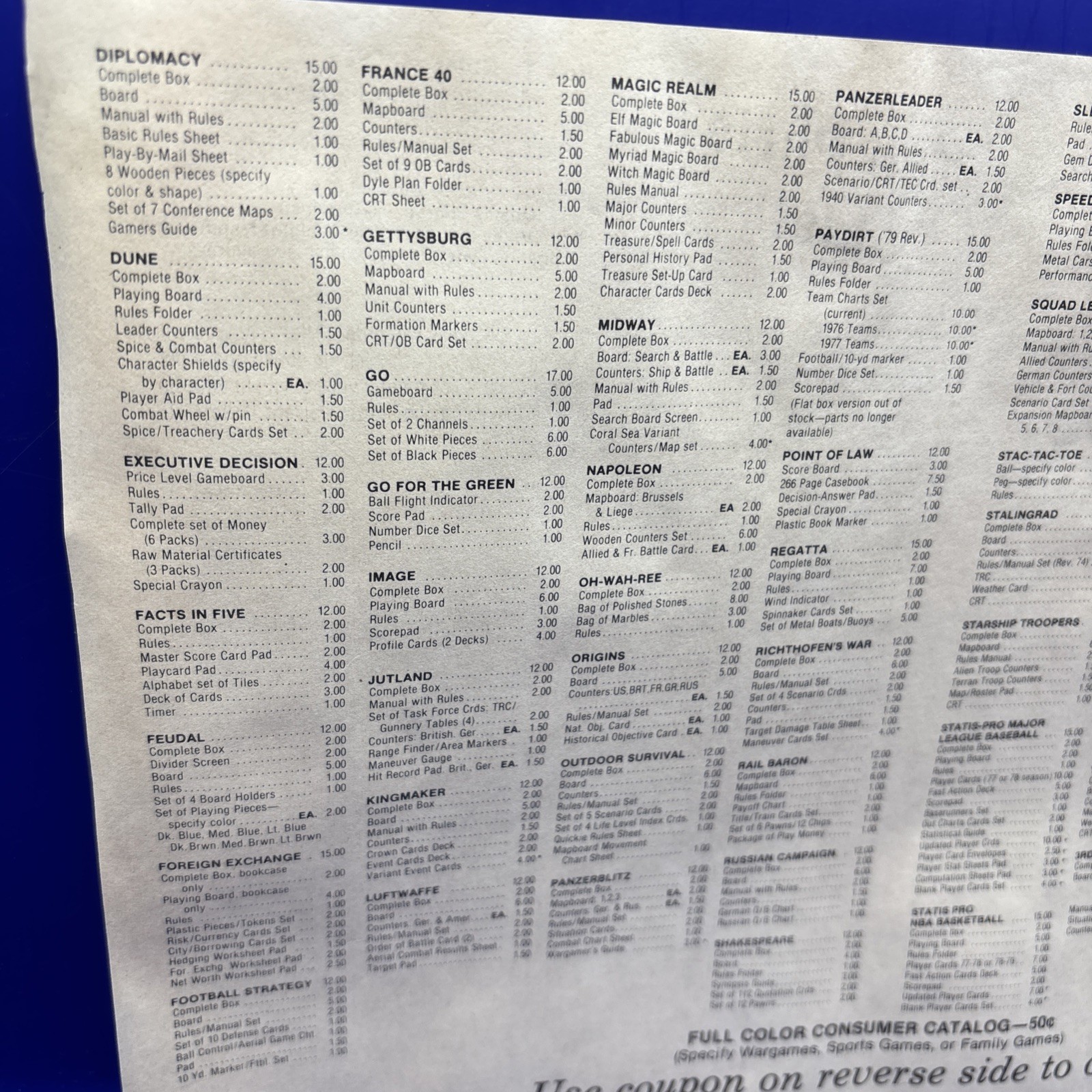 The Avalon Hill Game Company Fall-Xmas 1979 Original Parts List Order Form