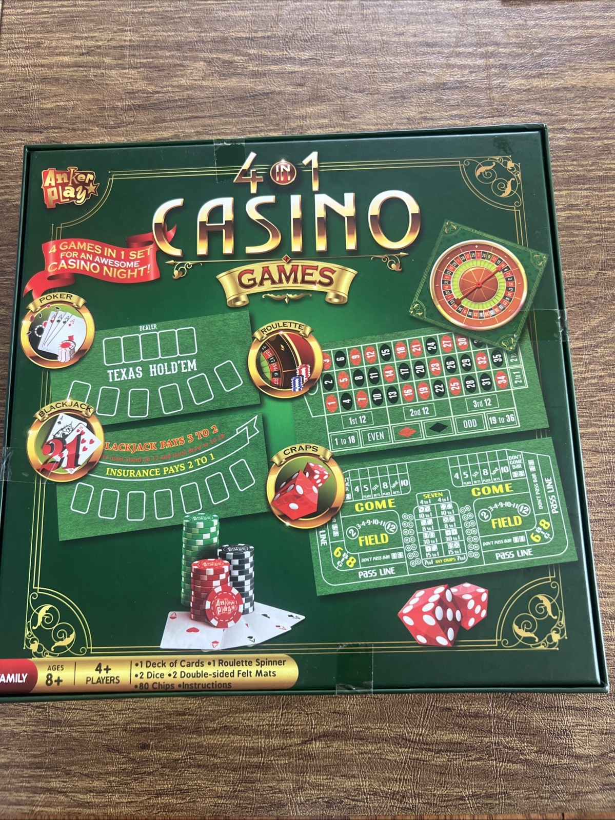 Anker Play 4 in 1 Casino Games Board Game Set – Roulette Spinner, Dice, Cards