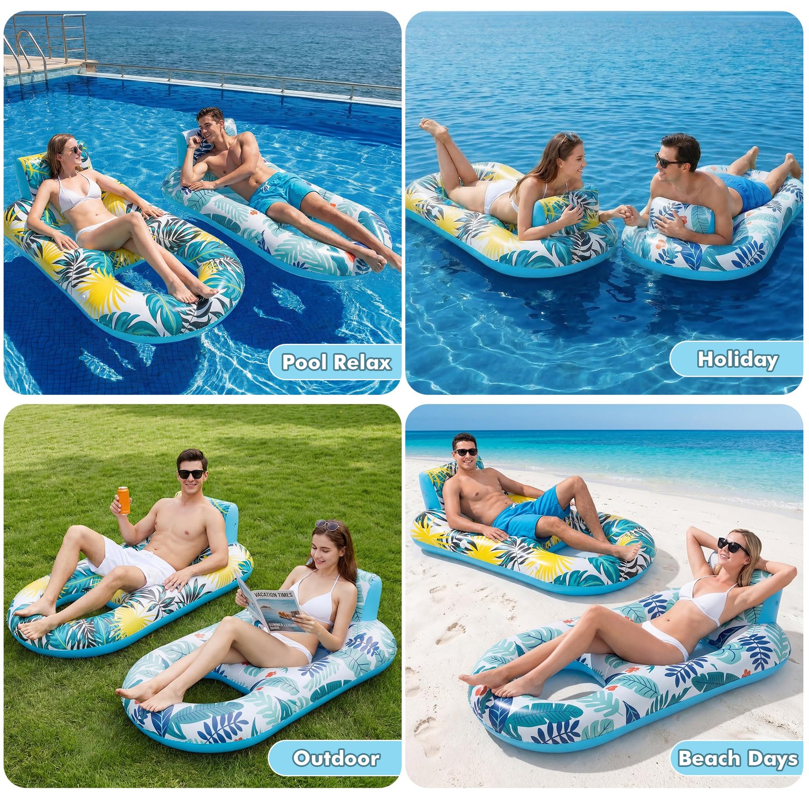 Pool Floats 2 Pack Inflatable Heavy Duty Lounger Backrest Footrest Giant Adult