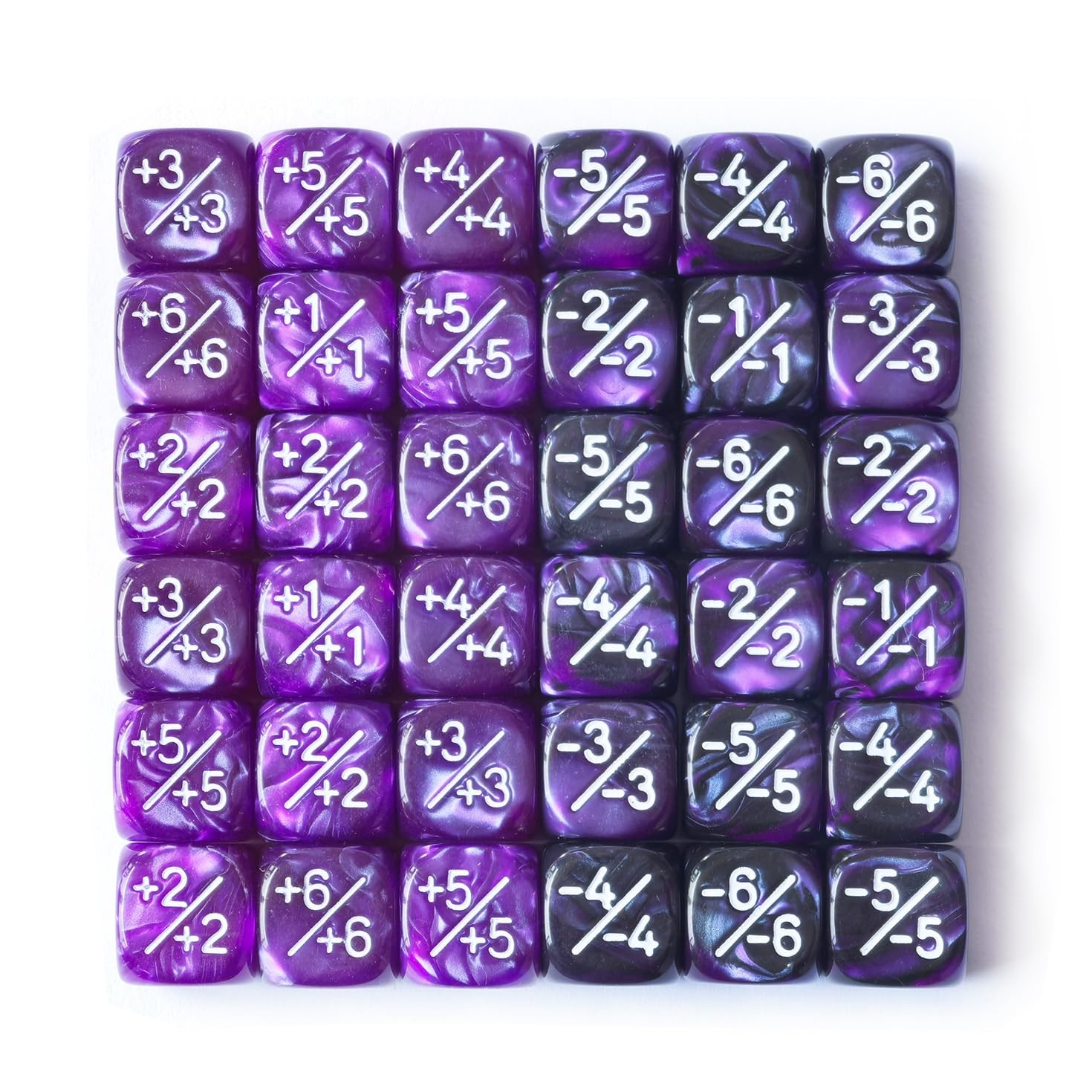 Set of 36 Positive and Negative Dice Counters in 12mm Purple and Violet Sc…