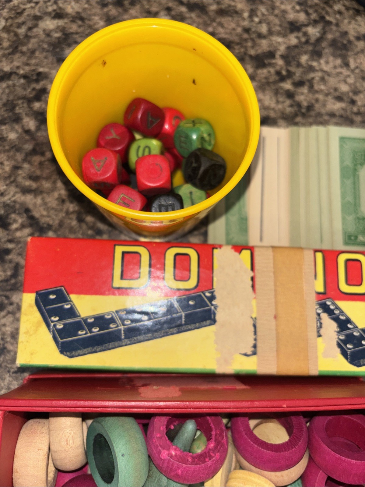 Lot Vintage Board Games Domino. Chess. Cribbage Board Dice Cards Chips