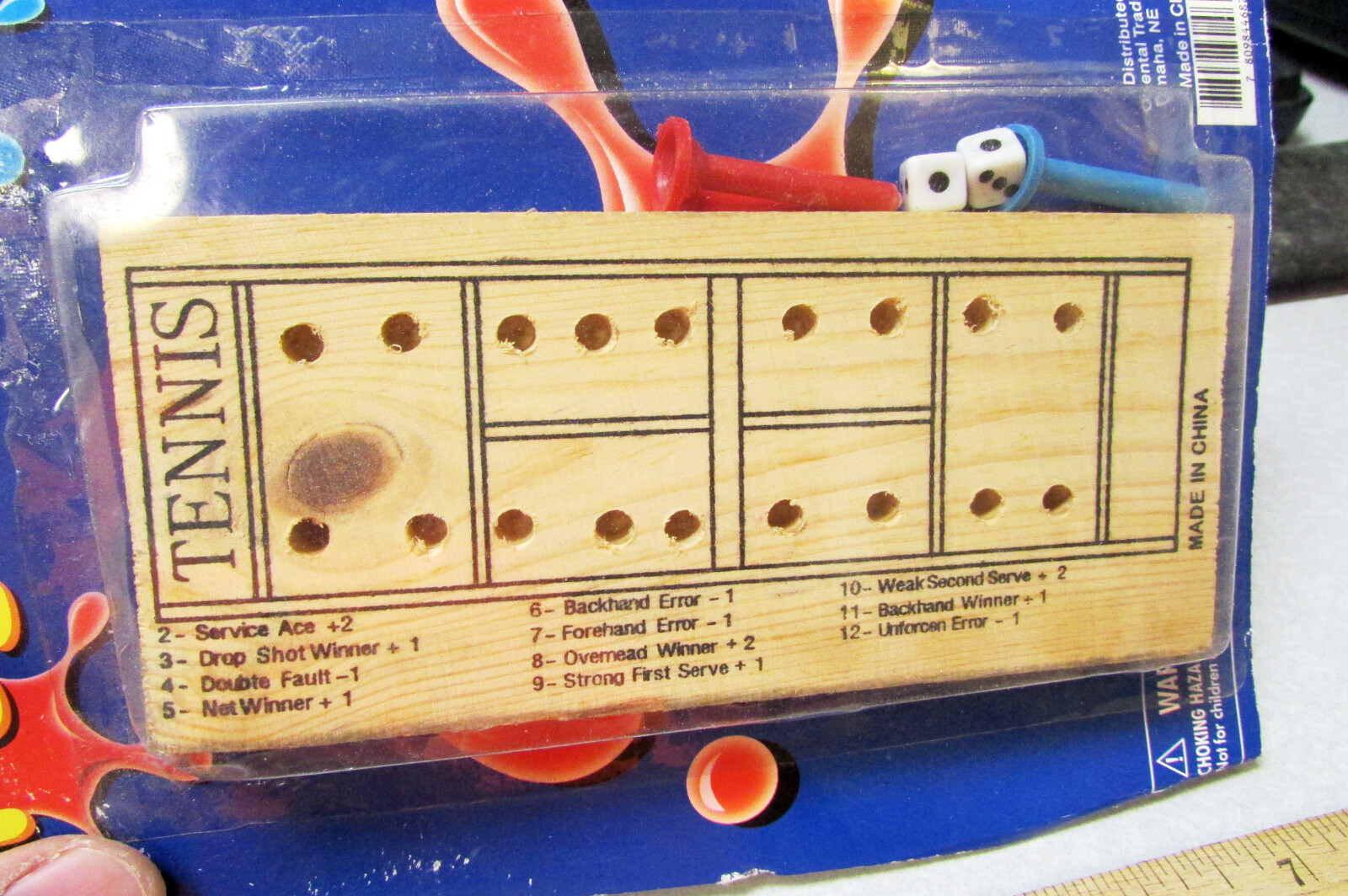 Peg Game, wood board, TENNIS, pegs & dice included, instructions on board