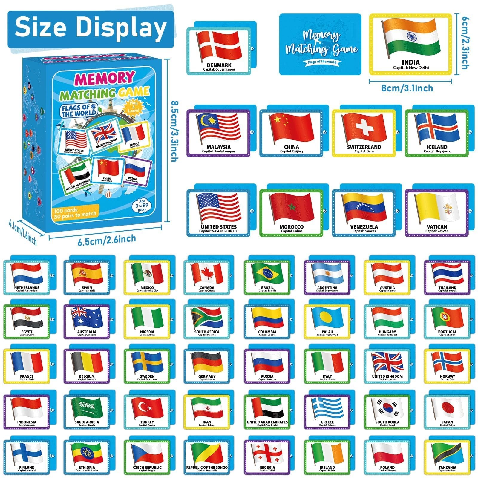 50 Pairs Memory Matching Game Flags of The World Concentration Memory Card fo…