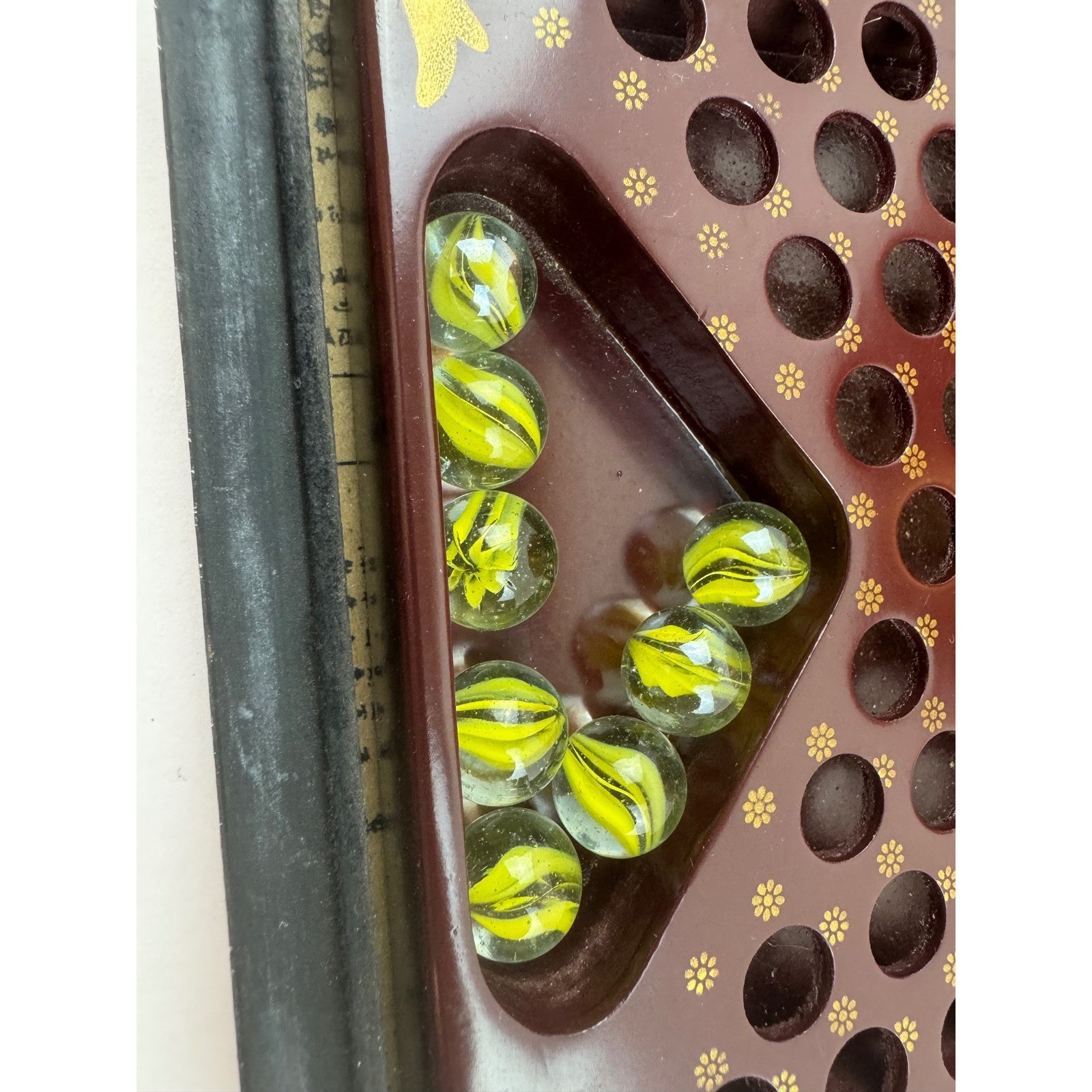 VTG Chinese Checkers Wood Box Set Dragon Phoenix Glass Marbles Some missing