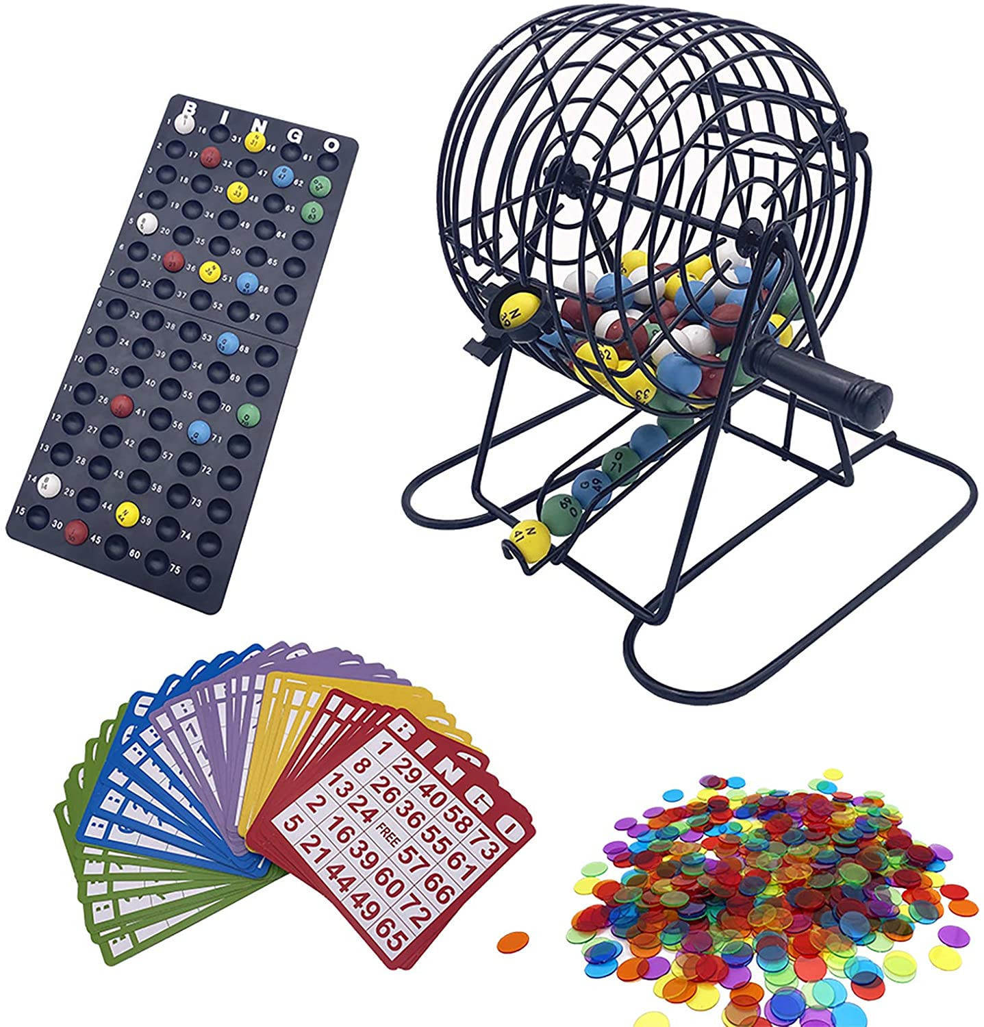 Deluxe Bingo Game Set-6 Inch Metal Cage, Master Board,75 Colored Balls, 50 Bingo