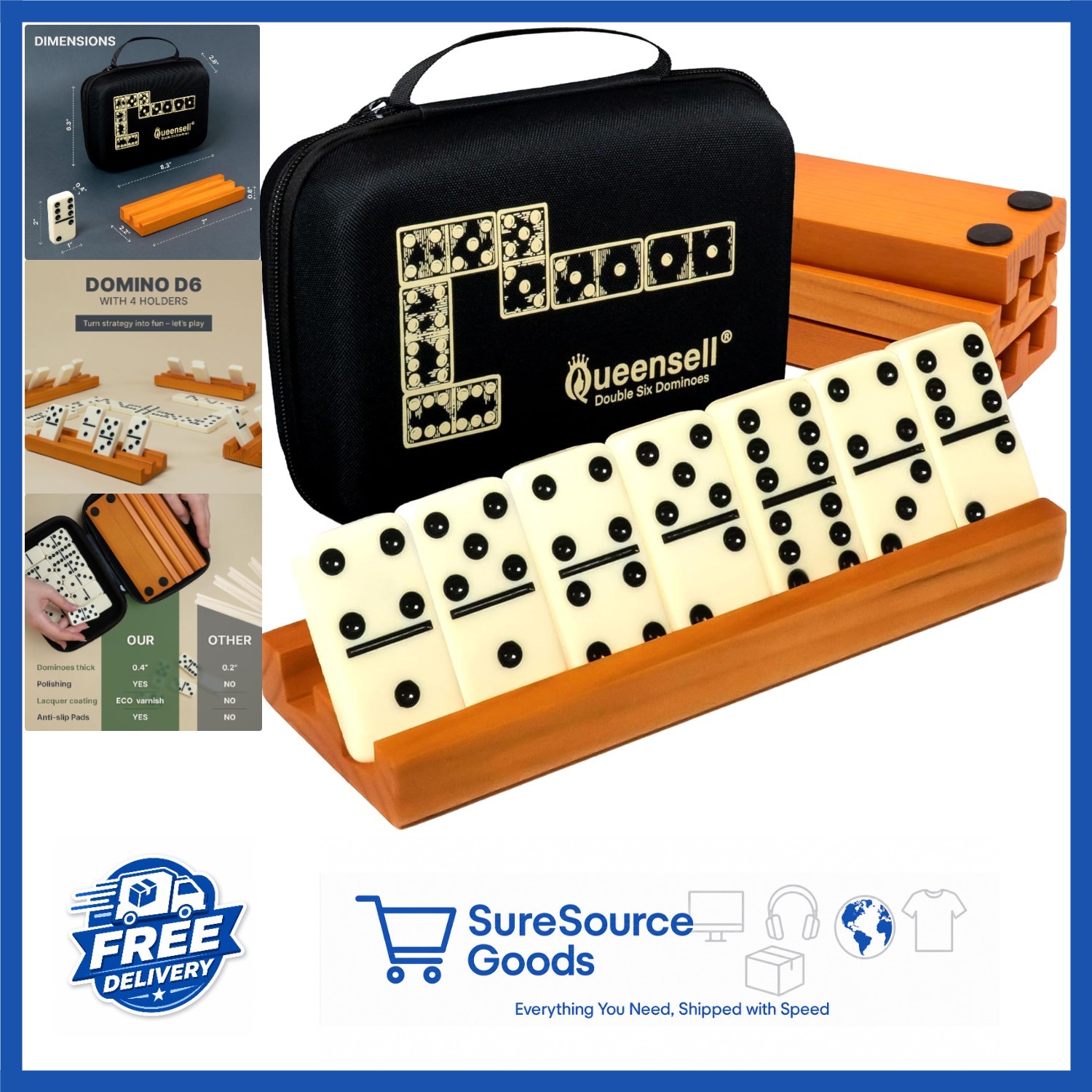 Wood Domino Set with 28 Double Six Tiles and 4 Racks for Family Game Nights