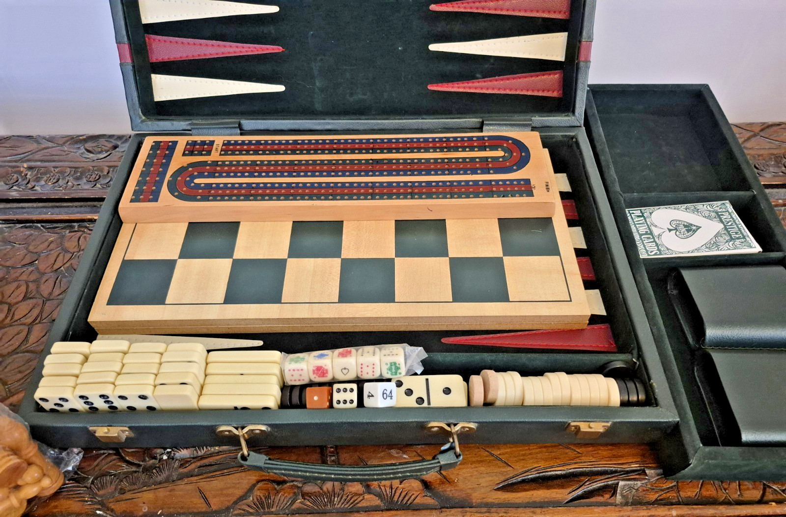 Deluxe Genuine Green Leather Case Backgammon Chips Chess Set Cribbage Poker Rare