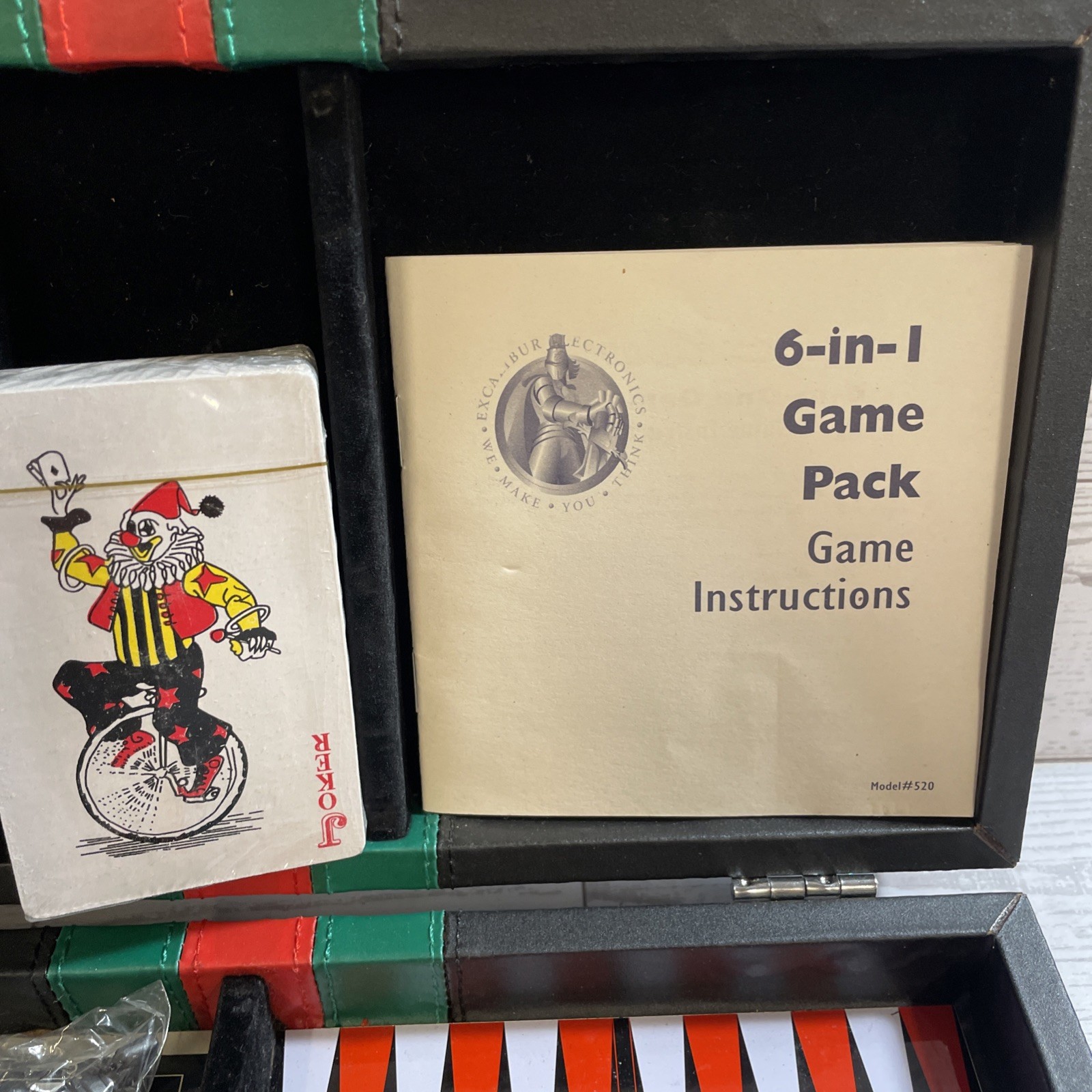 Excalibur 6 in 1 Game Black Portable Travel Case Chess Domino Cards Checkers VTG