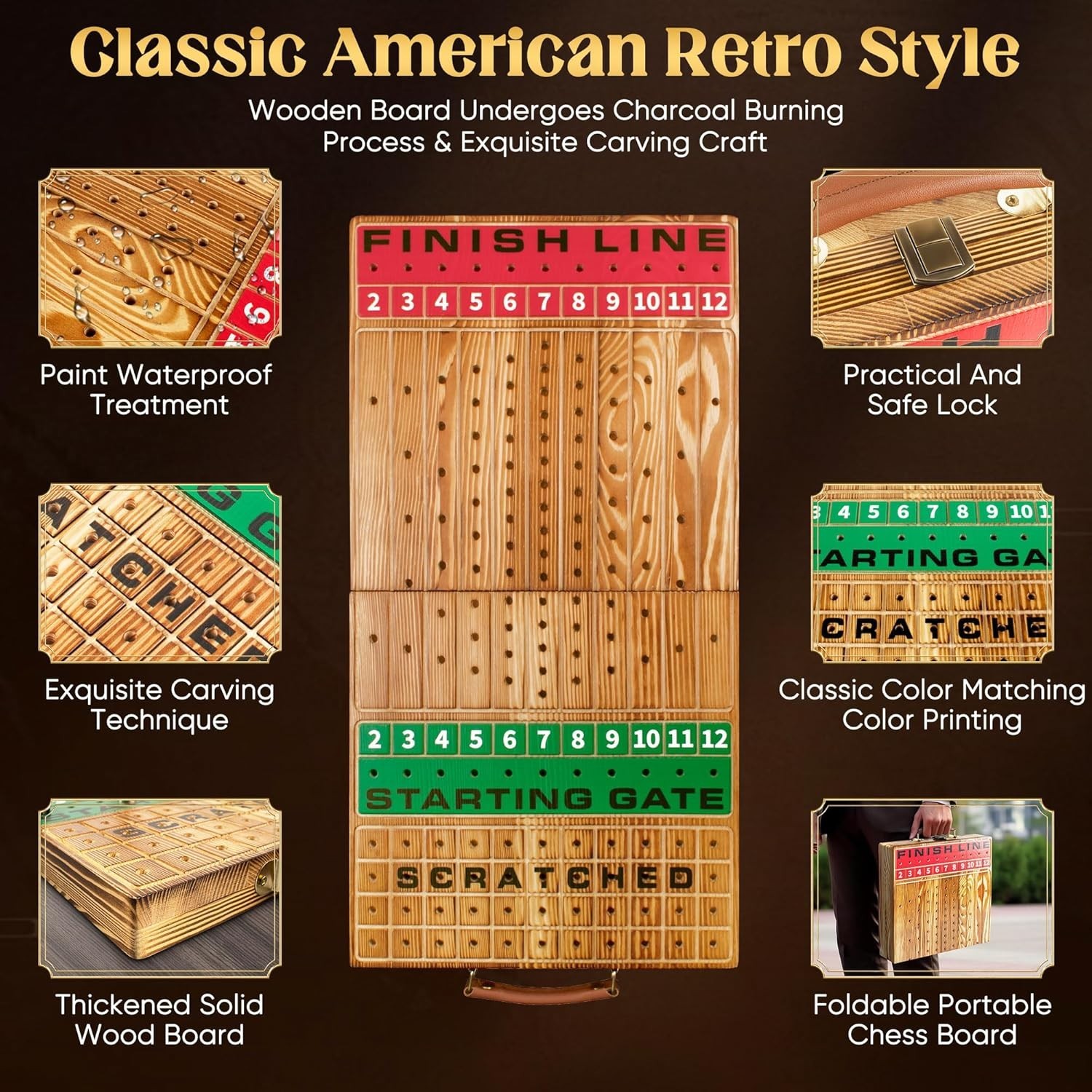 Horse Racing Game, Foldable Solid Wood Horse Games, Horse Race Board Game with 1