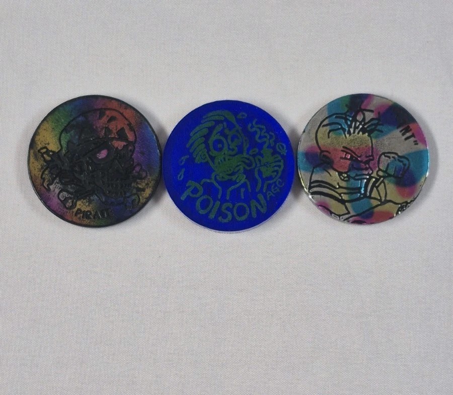 Vintage 90s Pog Slammers Set of 3 – Blue Clear Poison, TNT, & Pirate