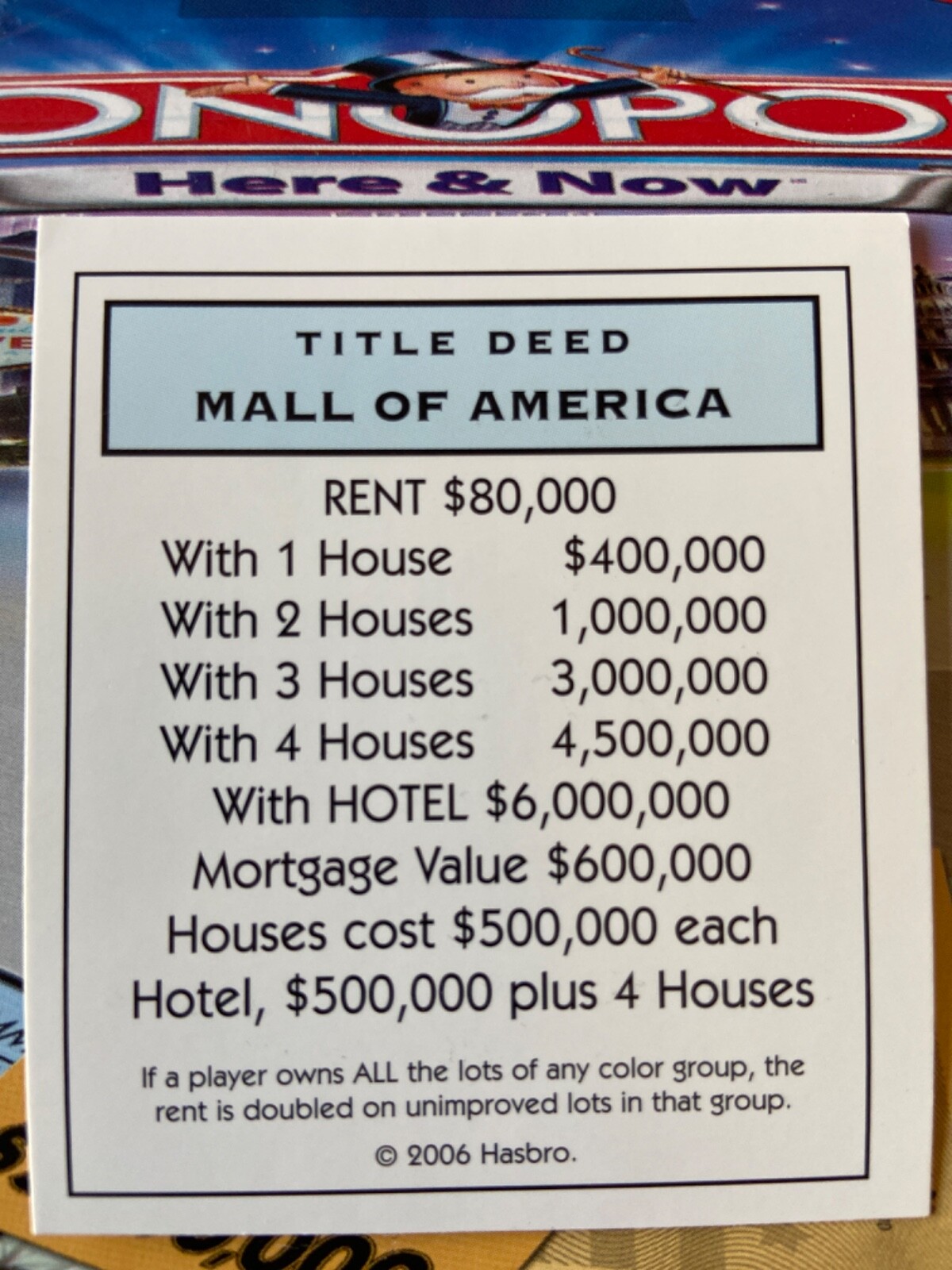 2006 Monopoly Here & Now Mall of America Light Blue Title Deed Card Game Part