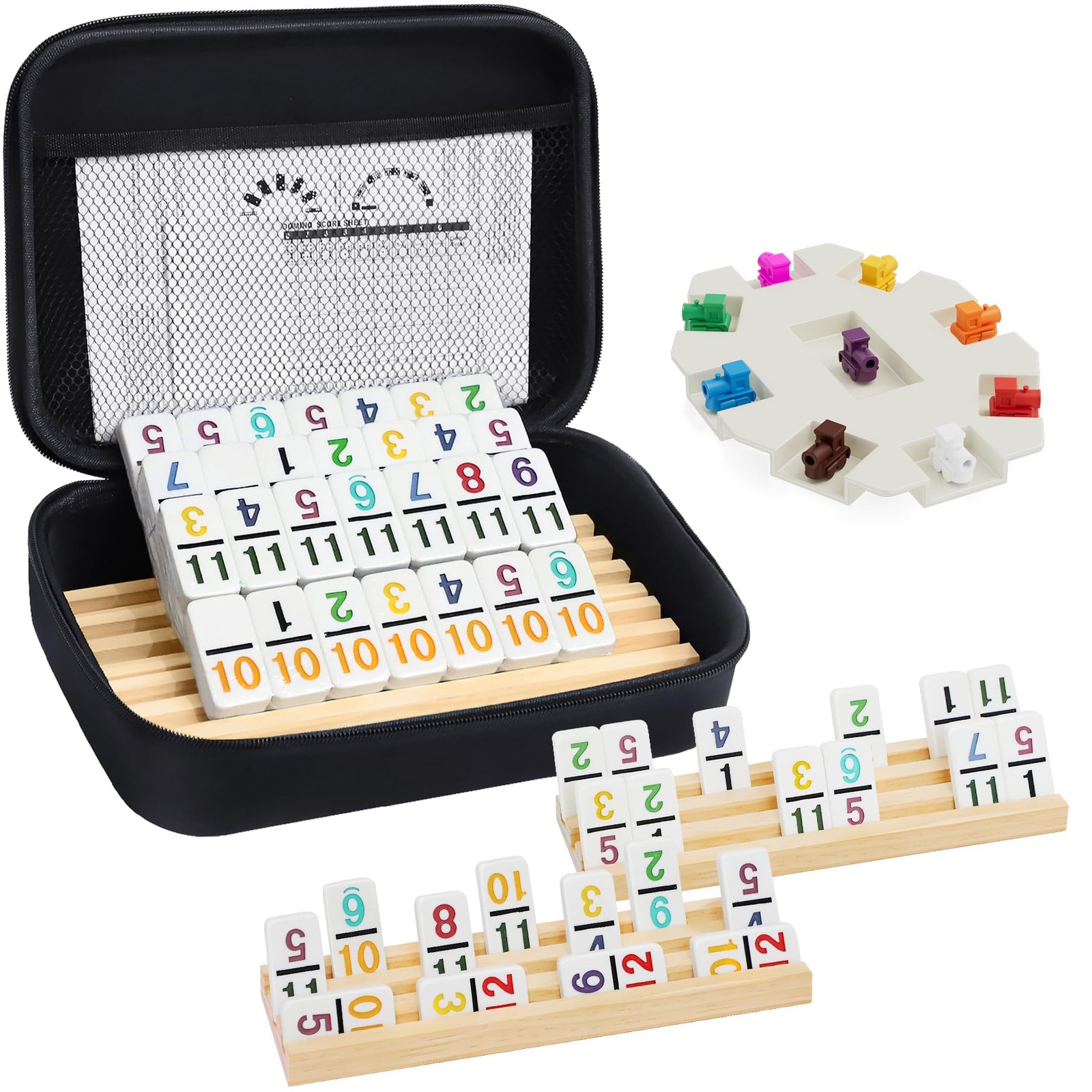 Mexican Train Dominoes Set with Numbers and 4 Wooden Trays/Racks, Double 12 Domi