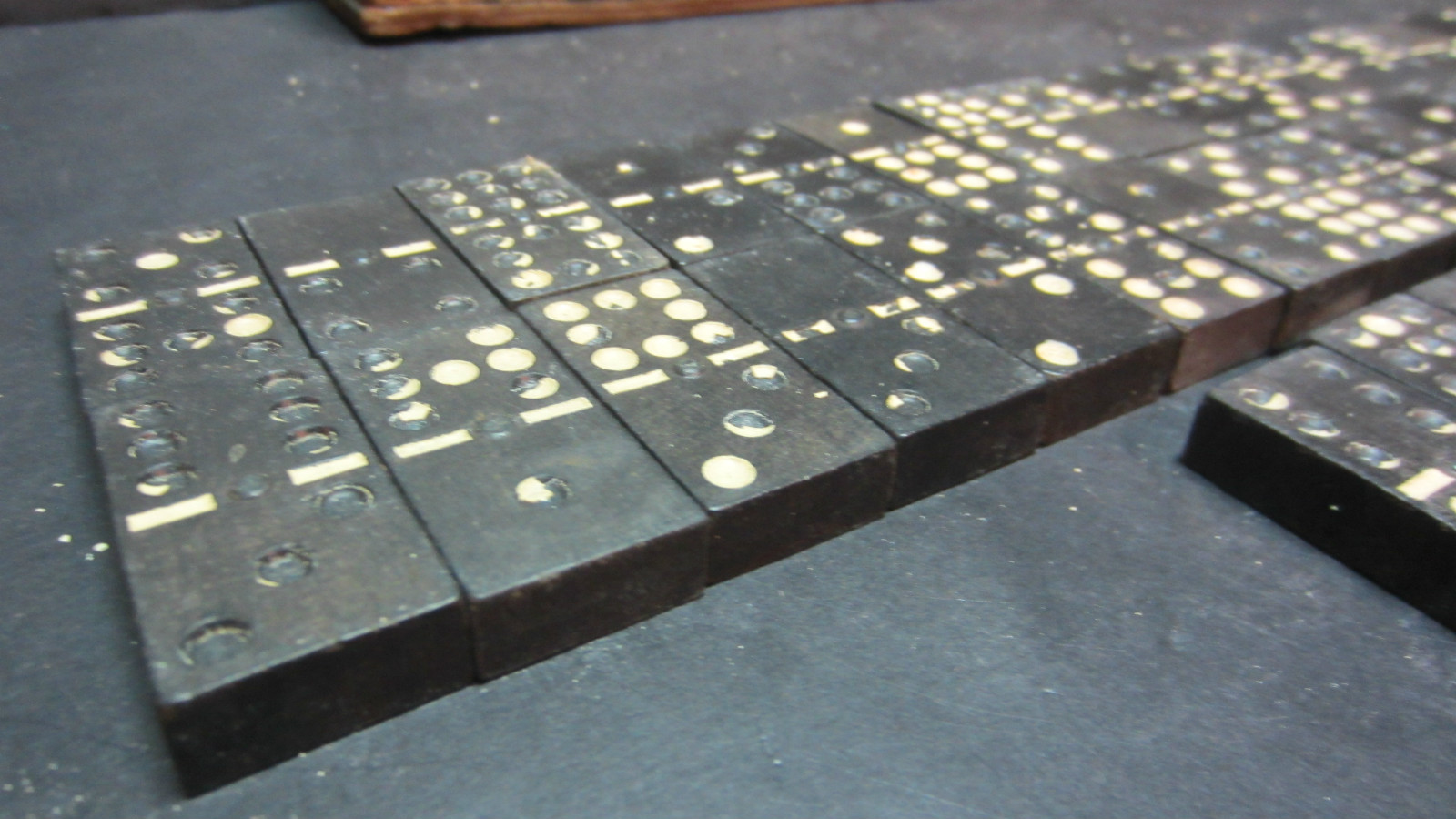 Vintage Wood Dominoes White Dots Shedding 55 Pieces in Old Floral Wood Box Worn