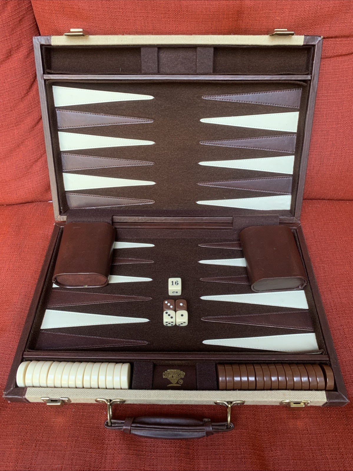 Vintage Backgammon Game Set Beige & Brown Case 15×10 Complete Travel