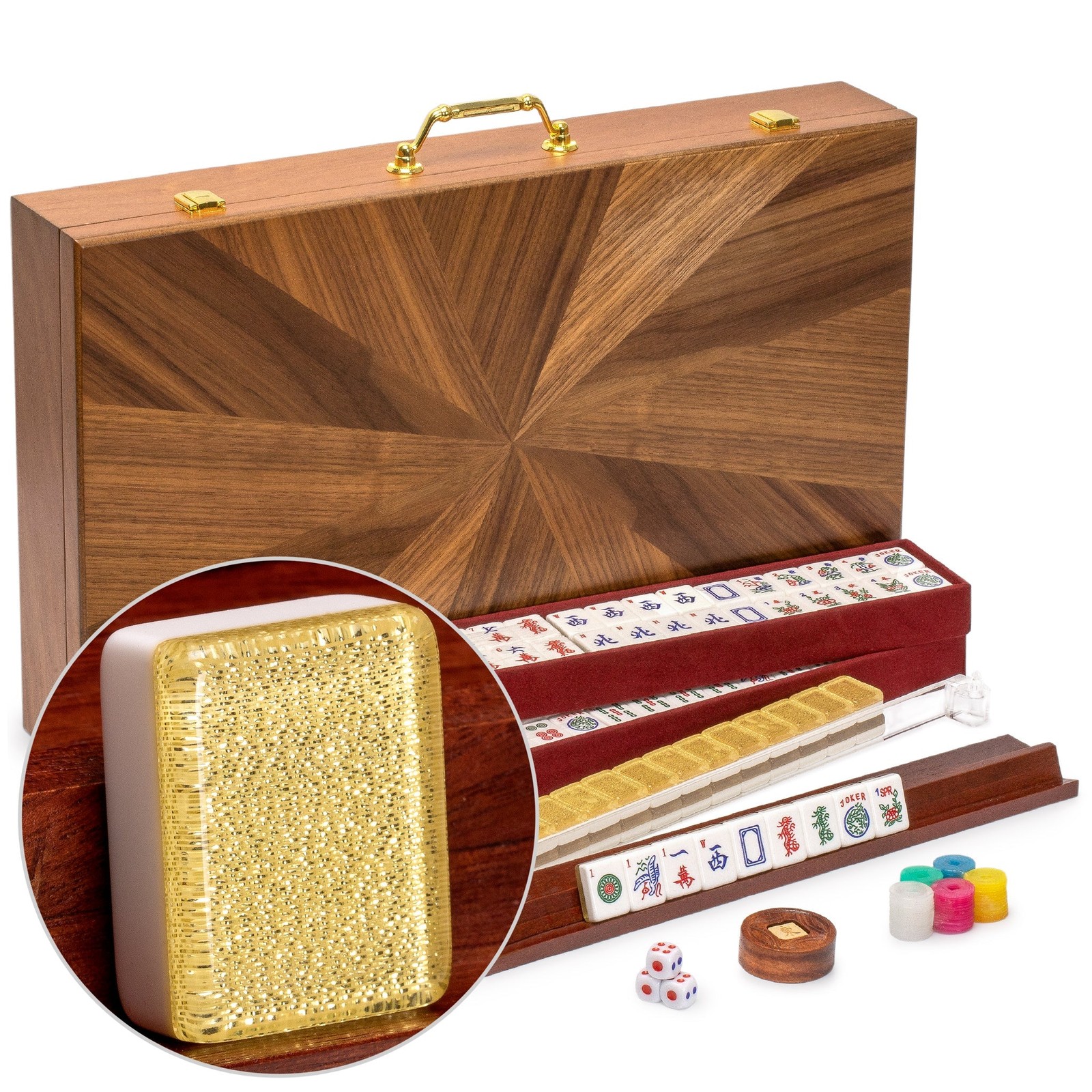 American Mahjong “Golden Fortune” Gold Glitter Tiles Wooden Case US-AF019-B New