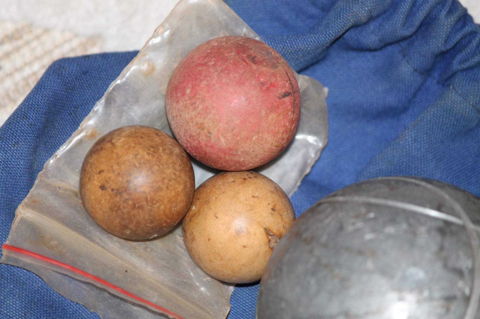 Vintage 1940s set of 5 French marked petanque boules and jacks
