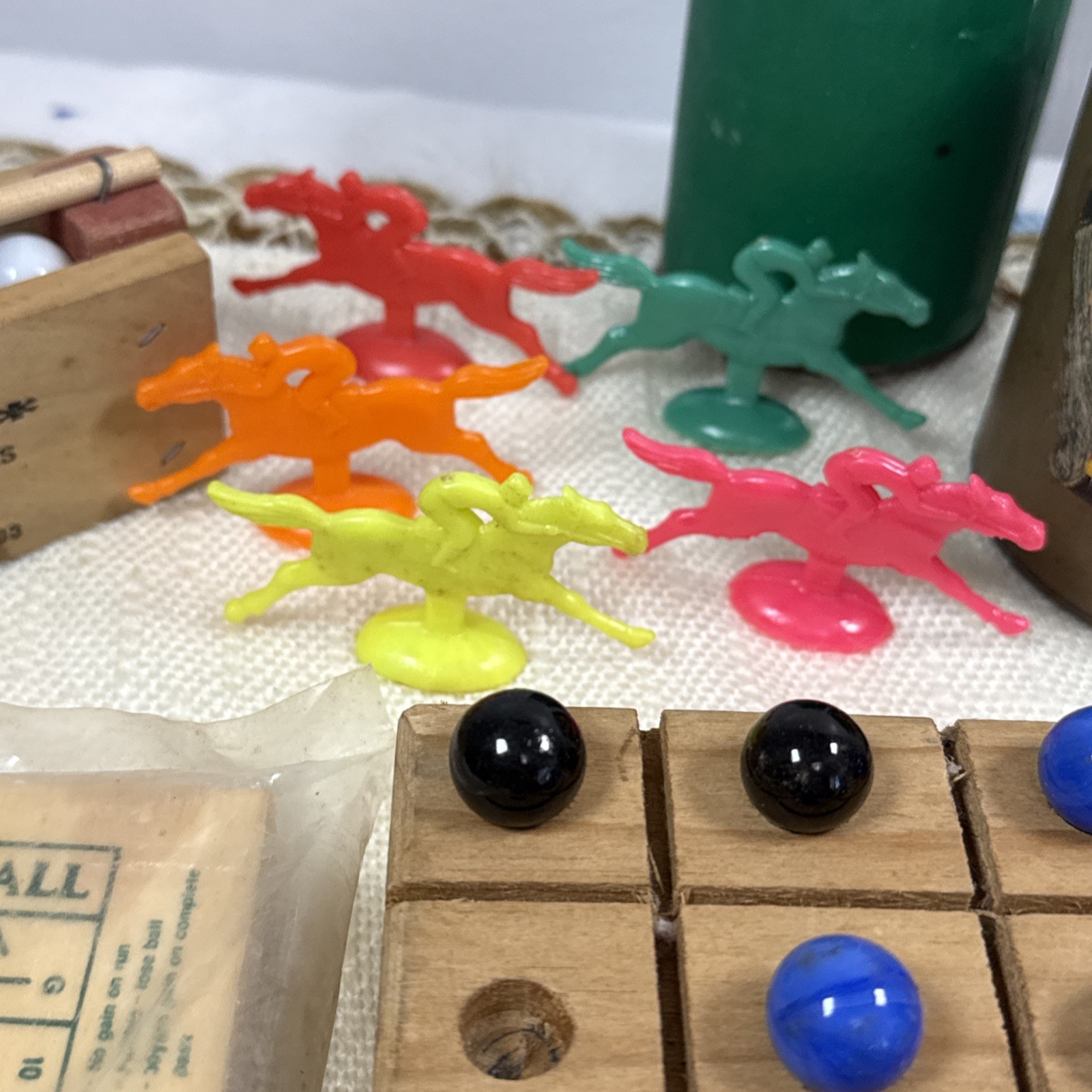 Vintage Wooden Small Game Lot Board Pieces Carrom Marble Football Jacks Yahtzee