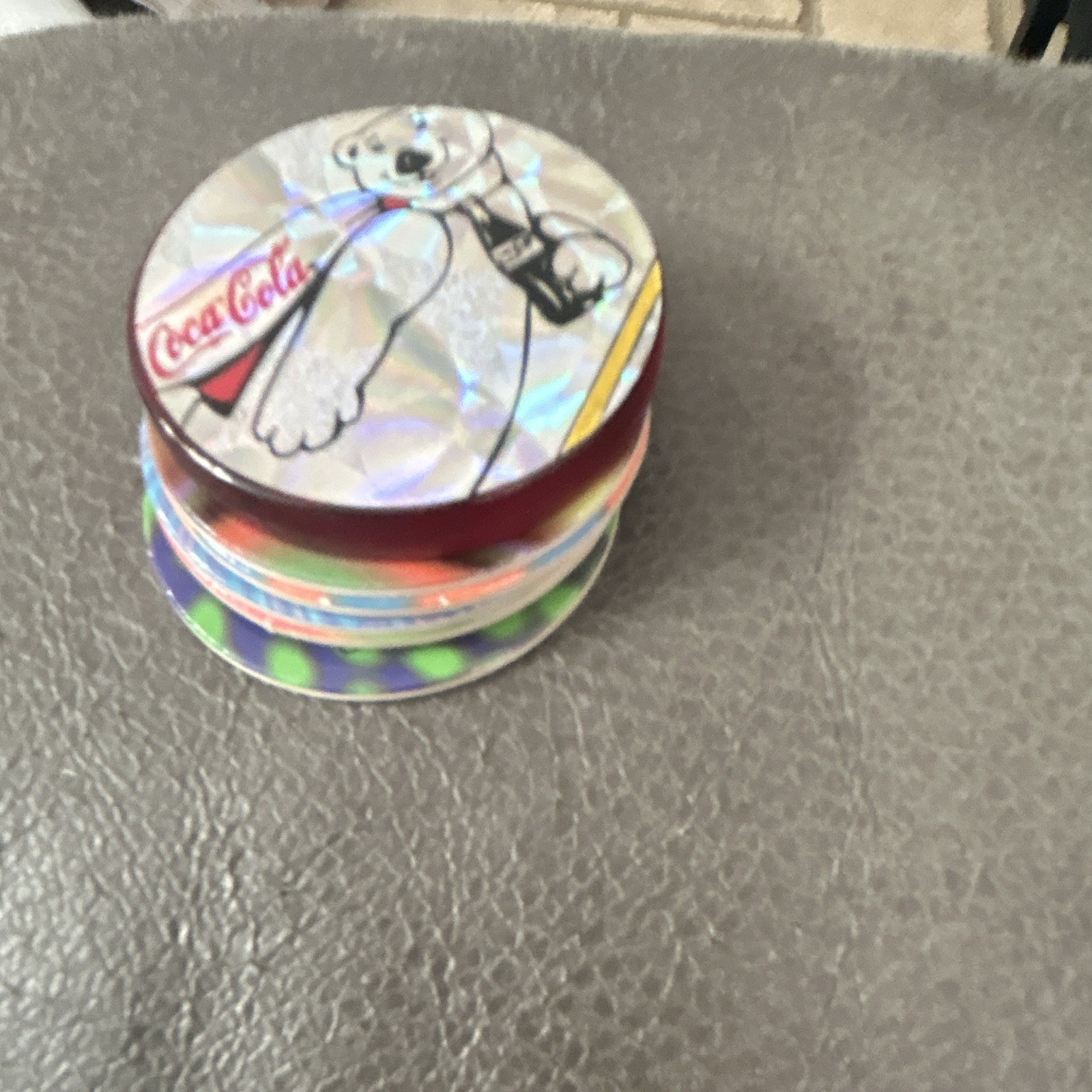 Set of 6 Pogs and 1 Slammer, Coca-Cola Theme Multicolor Assorted Designs