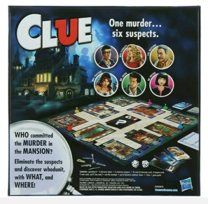 Clue Mystery Board Game Fun Family Time 2 to 6 Players 8 Years Old and Up Unisex